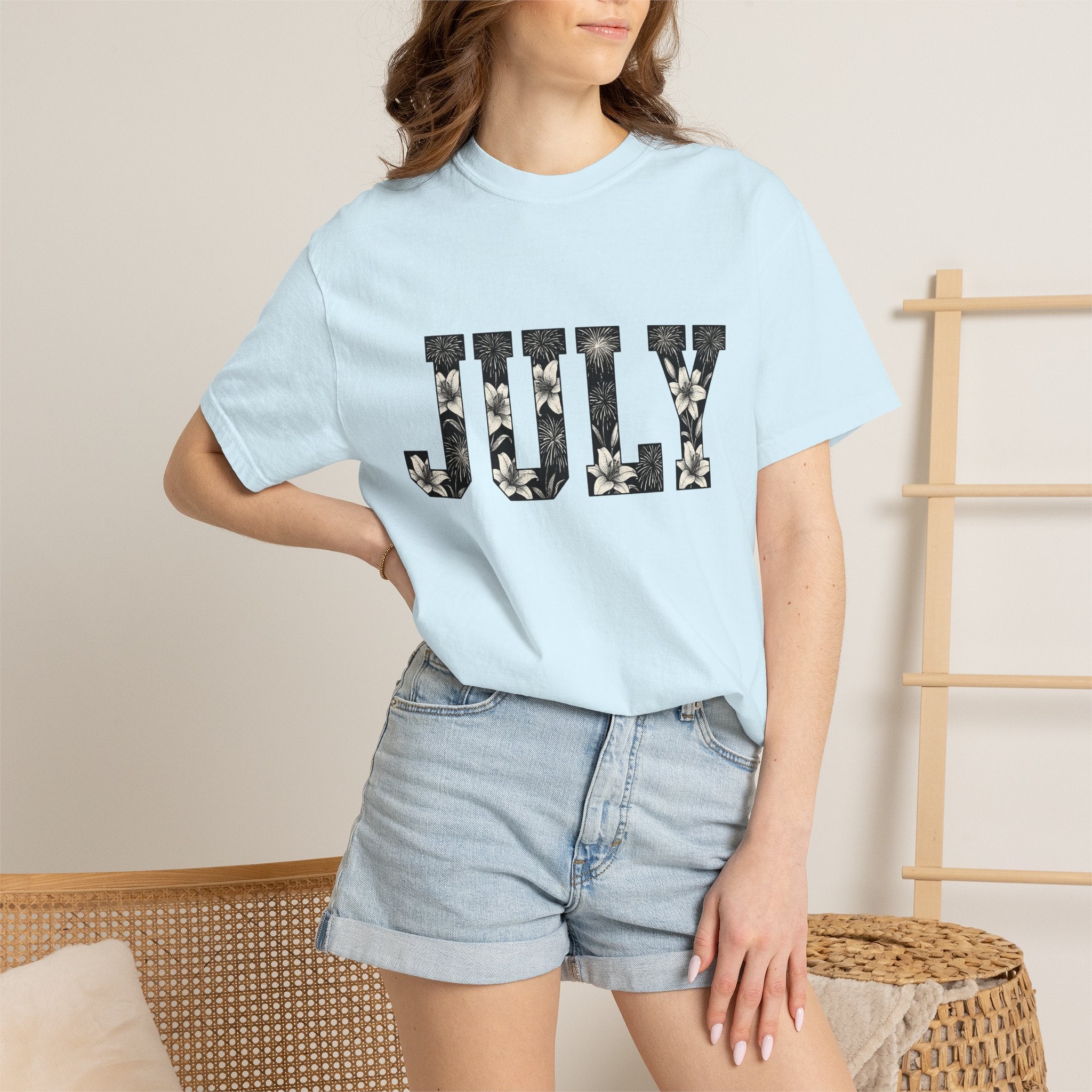 Bloom Fireworks Typography Shirt 4th Of July Garden Gift Women Clean Graphic Tee Fireworks Typography T-Shirt Independence Day Fan Graphic