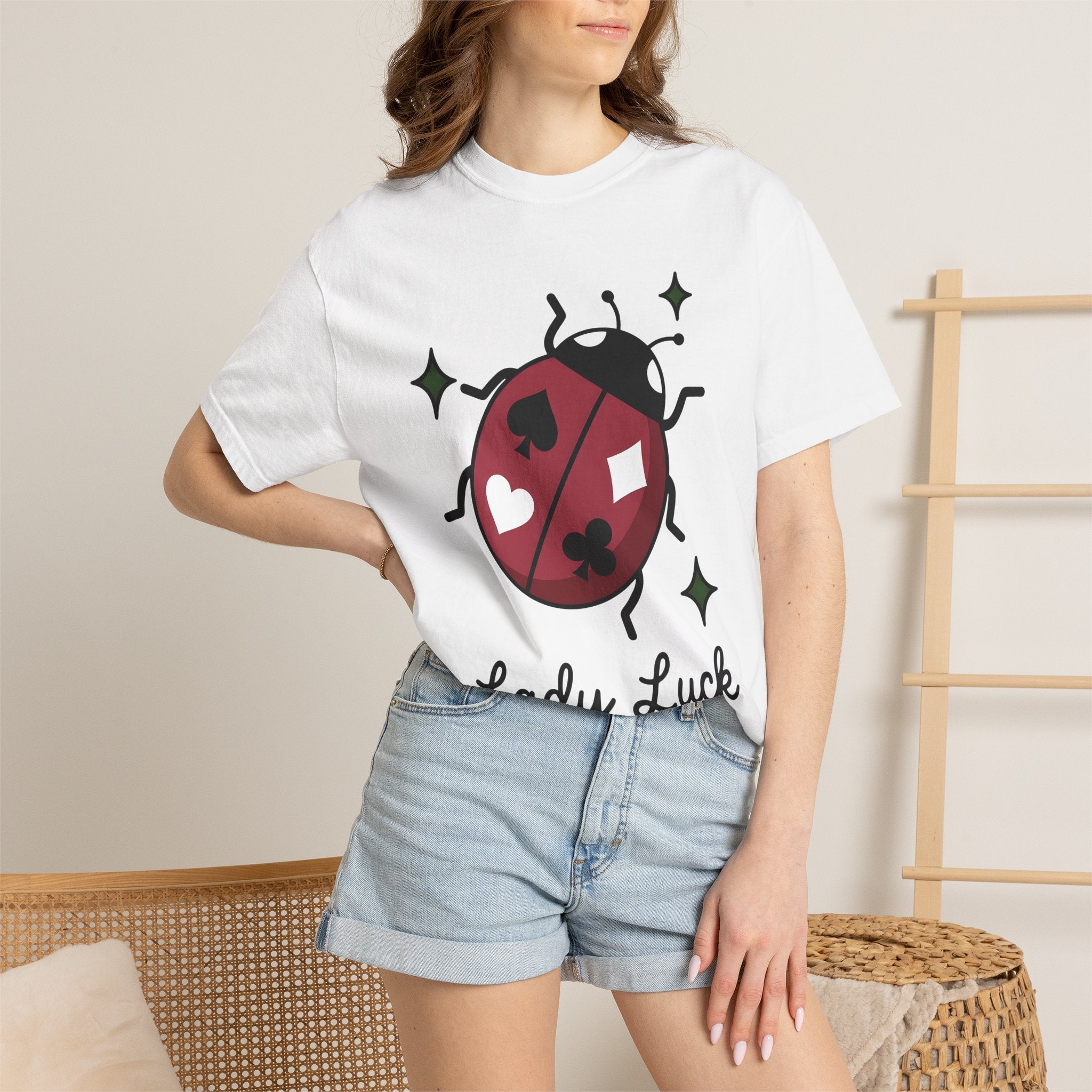 Ladybug Art Shirt Lucky Cards Gift Women Caricature Tee Ladybird T-Shirt Fortune Fan Cartoon Tshirt Playing Card Graphic Sleek Playing Card