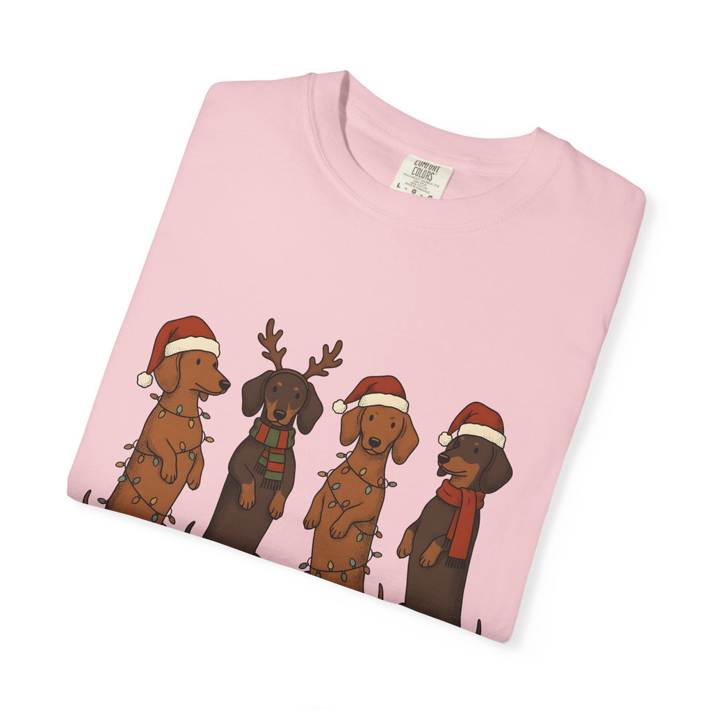 Dachshund Pups Shirt Christmas Animal Gift Women Anime Tee Wiener Dog T-Shirt Xmas Fan Cartoon Tshirt Creature Graphic Doodle Festive Hats