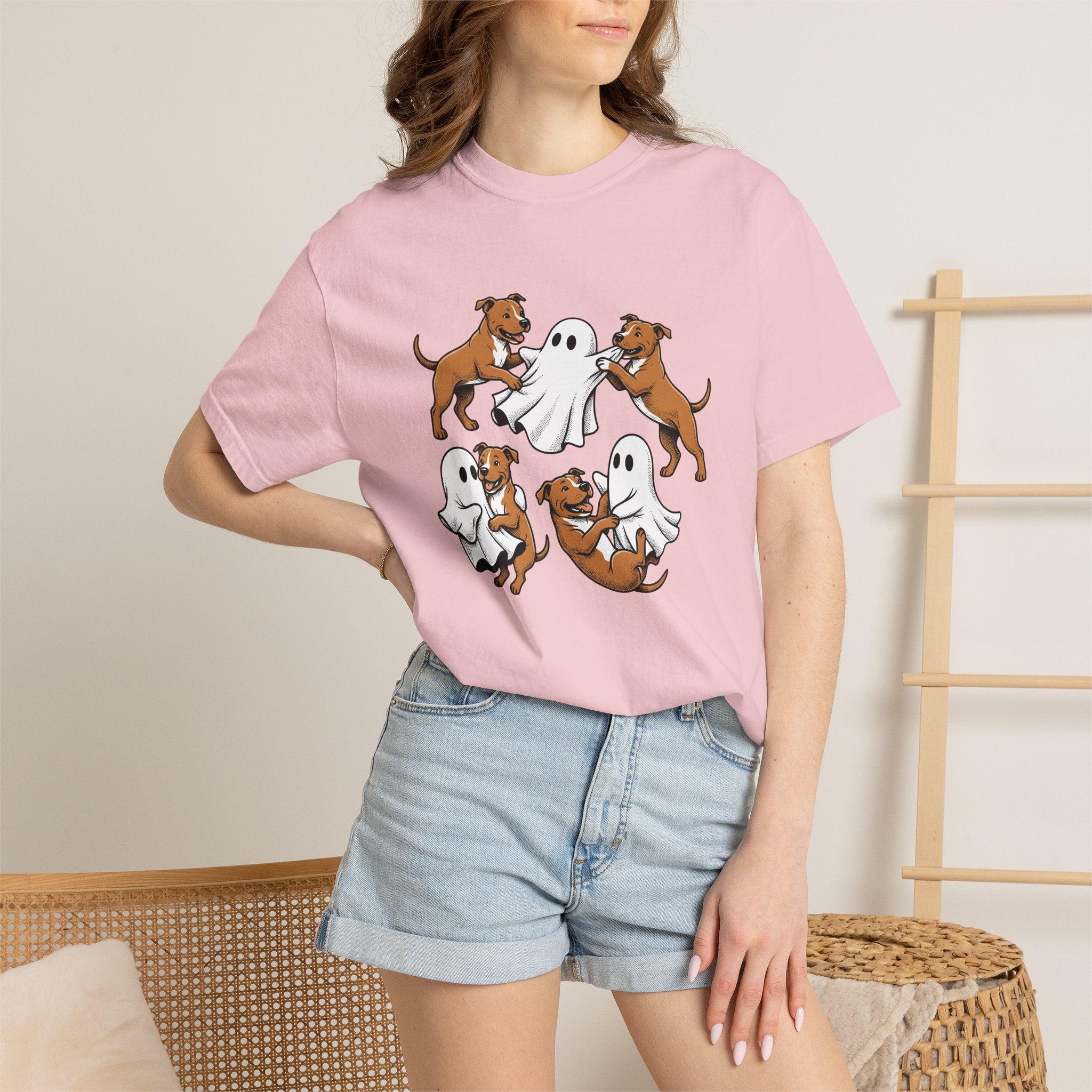 Ghost Pitbull Puppy Shirt Dog Funny Gift Women Comic Tee Pitbull Pup T-Shirt Dog Fan Cartoon Tshirt Humor Graphic Hand Drawn Halloween