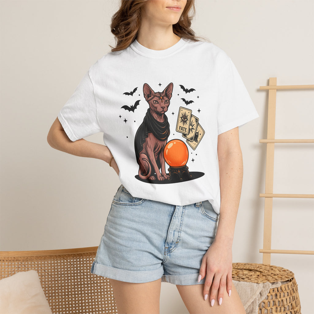 Hairless Cat Shirt Halloween Mysticism Gift Women Spooky Tee Sphynx T-Shirt Horror Fan Occult Graphic Tshirt Antique Magic Orb Tshirt