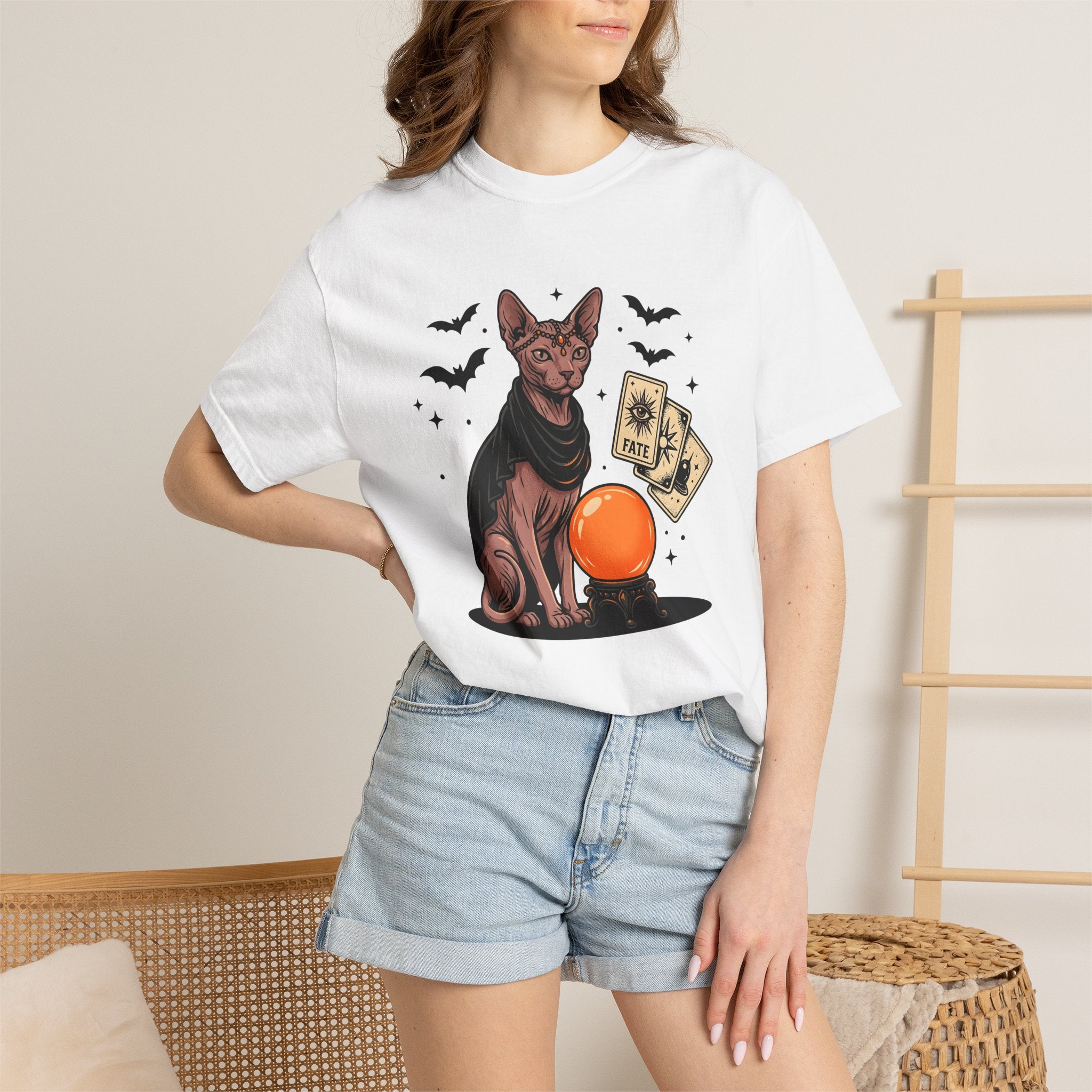 Hairless Cat Shirt Halloween Mysticism Gift Women Spooky Tee Sphynx T-Shirt Horror Fan Occult Graphic Tshirt Antique Magic Orb Tshirt