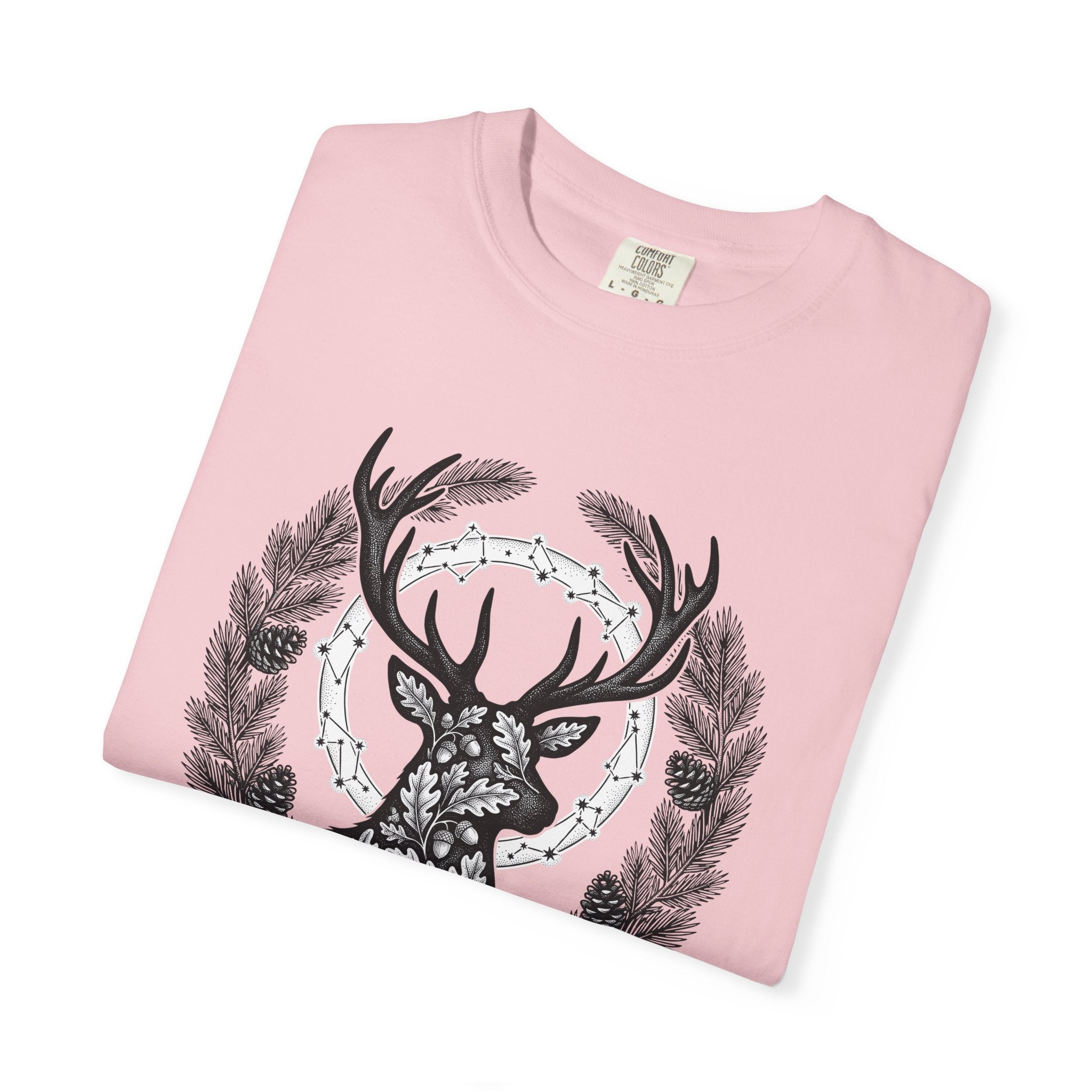 Buck Silhouette Shirt Boho Chic Plants Gift Women Leaf Tee Deer T-Shirt Bohemian Fan Botanical Tshirt Floral Graphic Sketch Cone Cluster