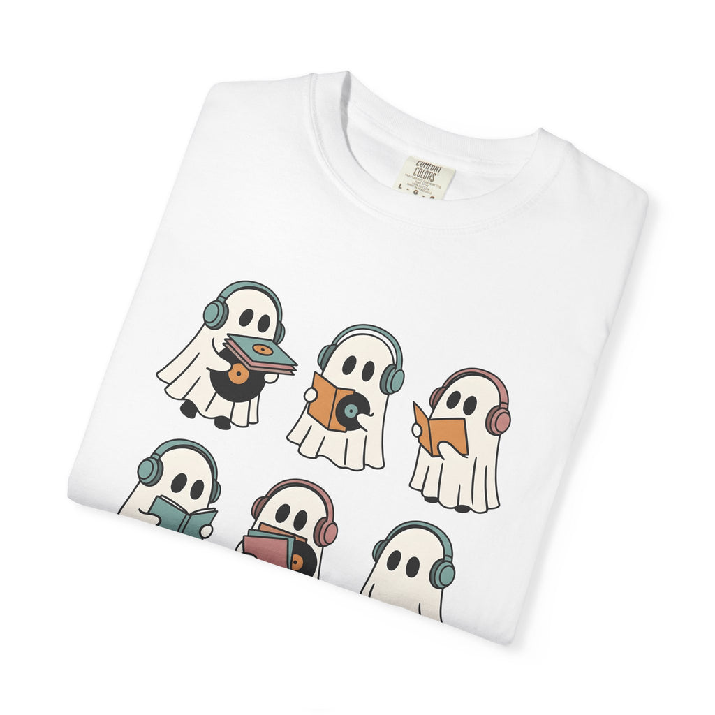Ghost Music Shirt Halloween Music Gift Women Cartoon Tee Spirit T-Shirt Horror Fan Comic Tshirt Melody Graphic Retro Headphones Tshirt