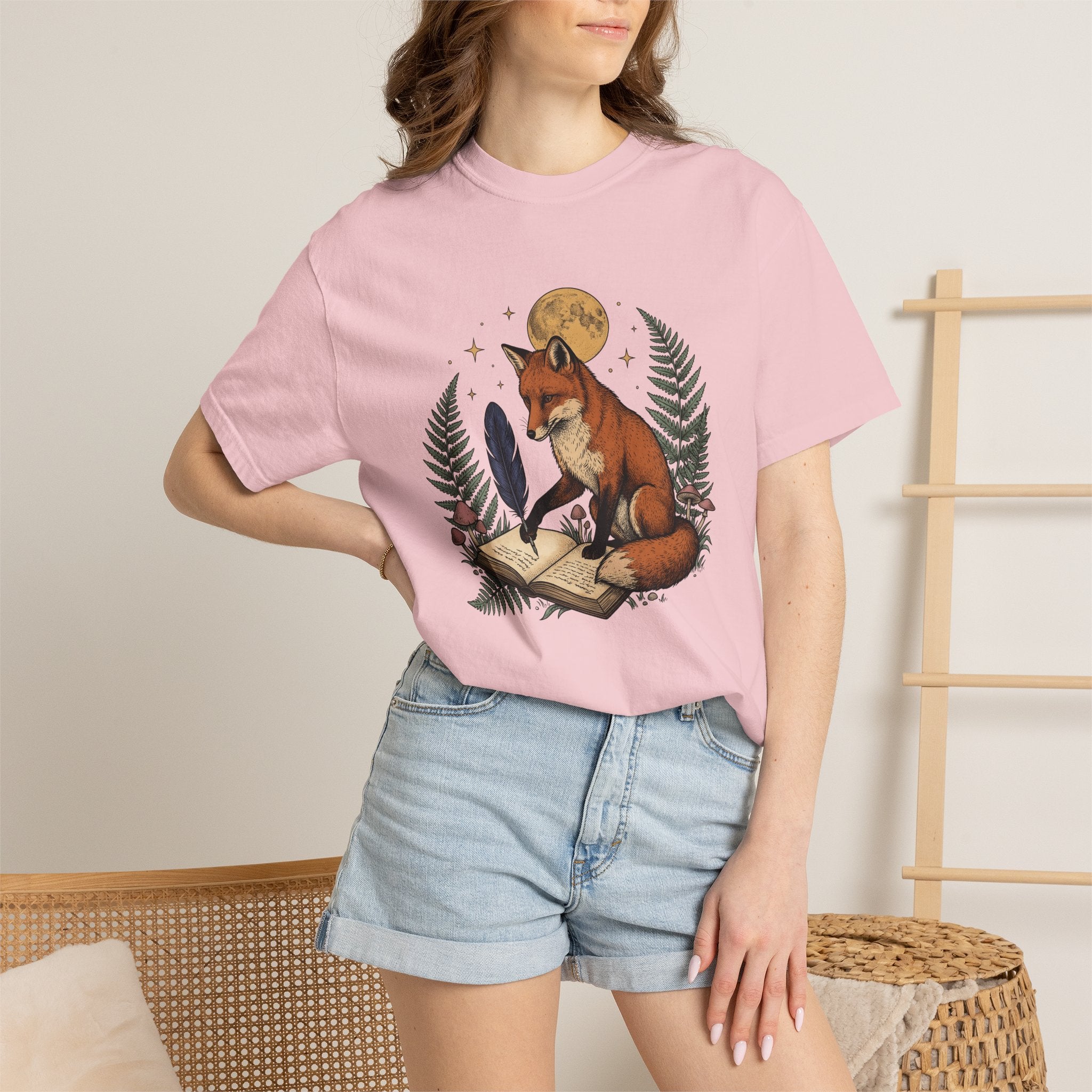 Fox Writing Diary Shirt Boho Chic Wildlife Gift Women Tribal Tee Fox T-Shirt Bohemian Fan Primitive Tshirt Animal Graphic Classic Moonlight