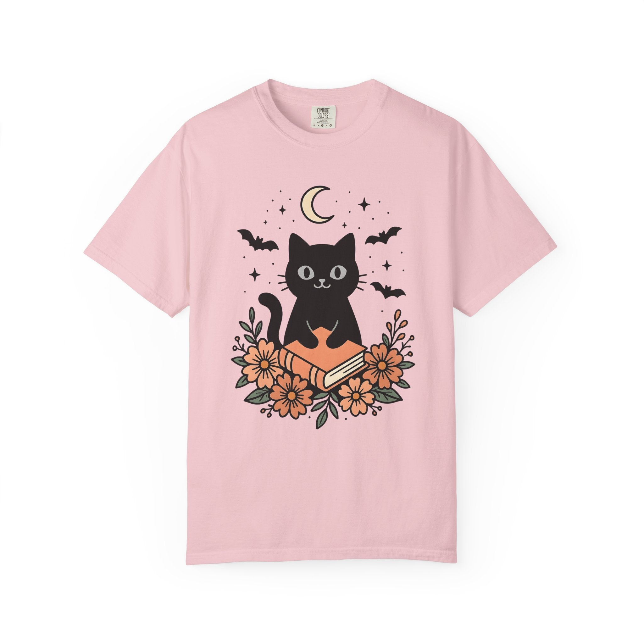 Black Cat Shirt Halloween Sorcery Gift Women Line Art Tee Cat T-Shirt Horror Fan Dark Magic Tshirt Witchcraft Graphic Sketch Night Moon
