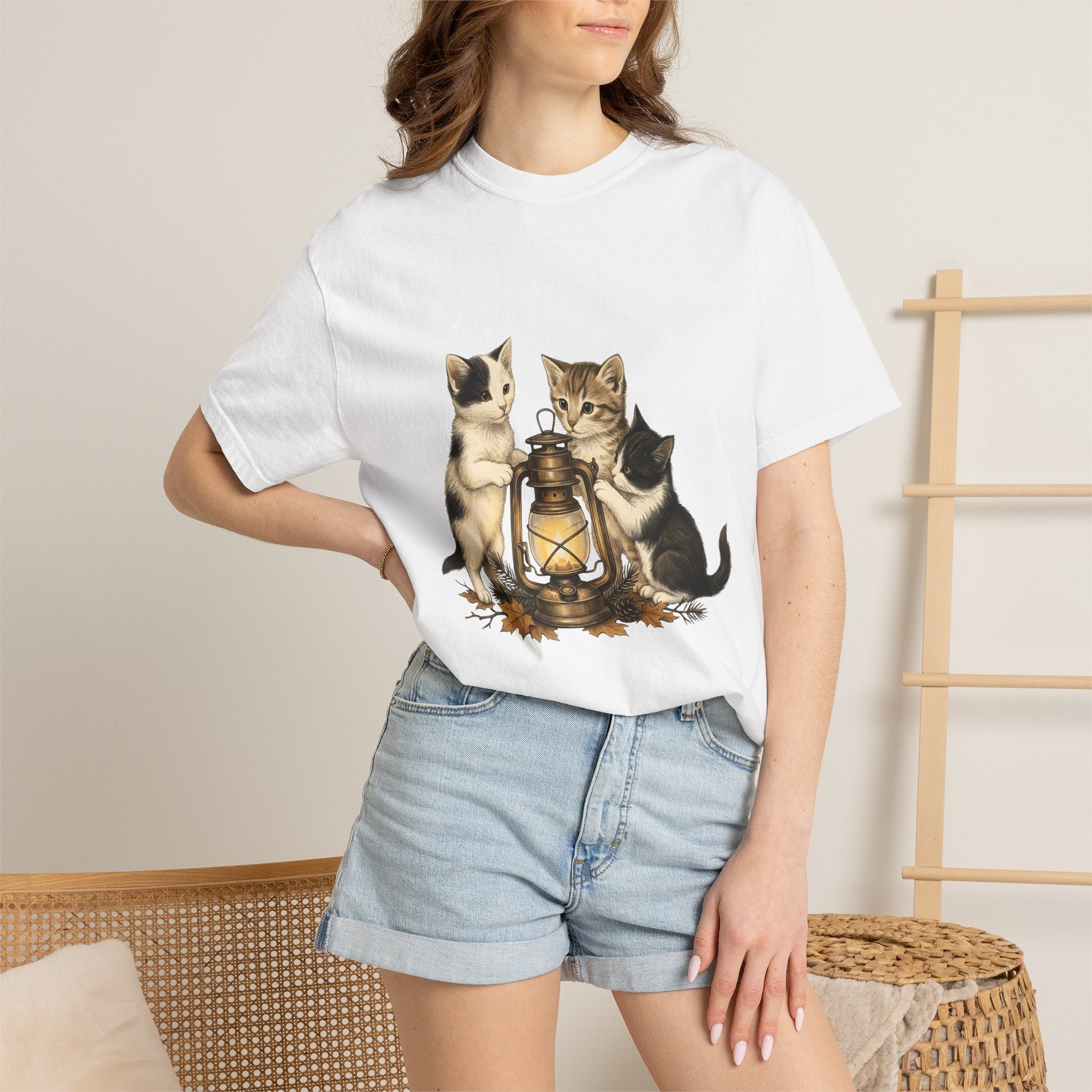 Feline Lantern Shirt Cat Environment Gift Women Naturalistic Tee Cat Lantern T-Shirt Cat Fan Eco Graphic Tshirt Shabby Chic Orange Leaves
