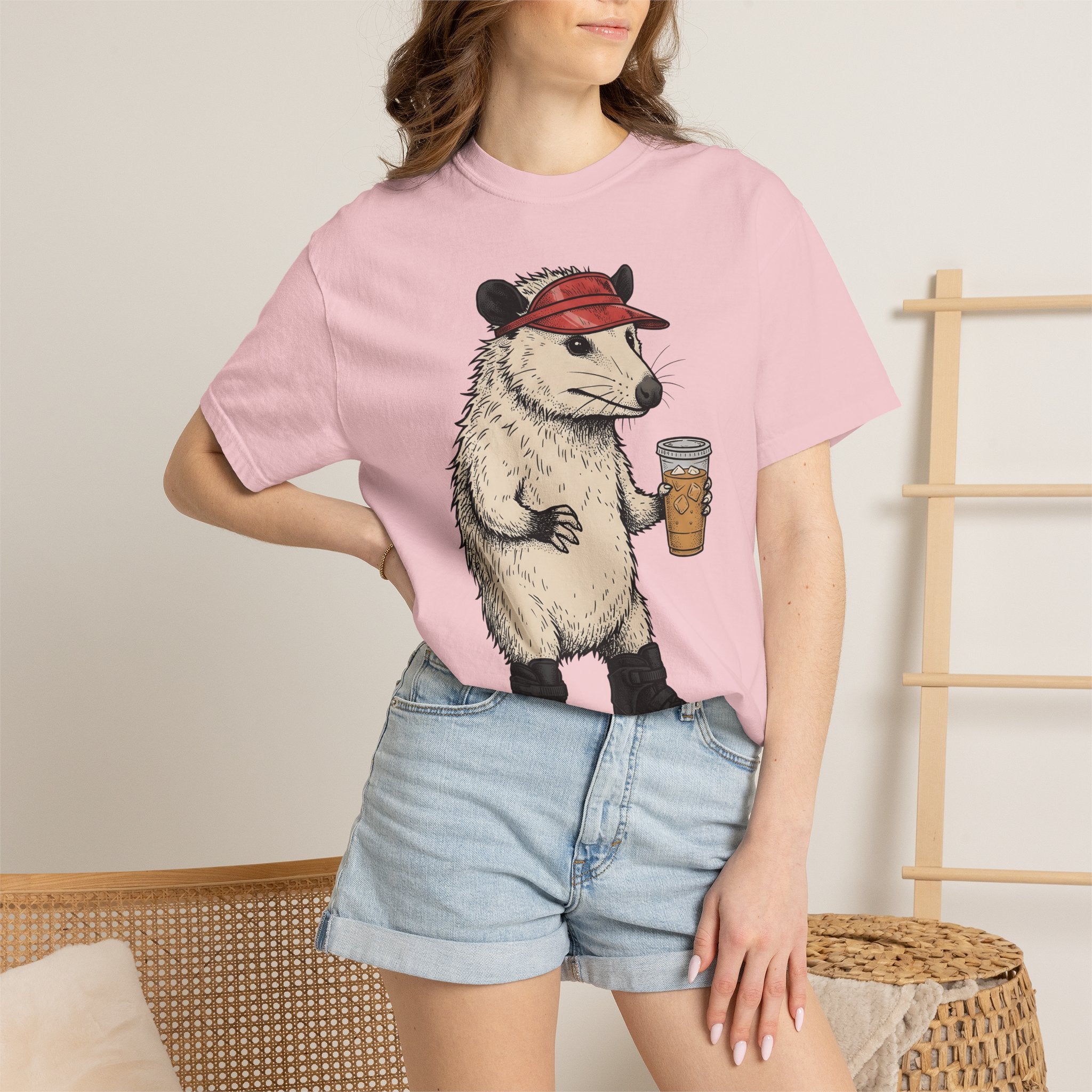 Opossum Skate Wheels Shirt Funny Pets Gift Women Cartoon Tee Skateboard Wheels T-Shirt Humor Fan Comic Tshirt Animal Graphic Line Art Iced