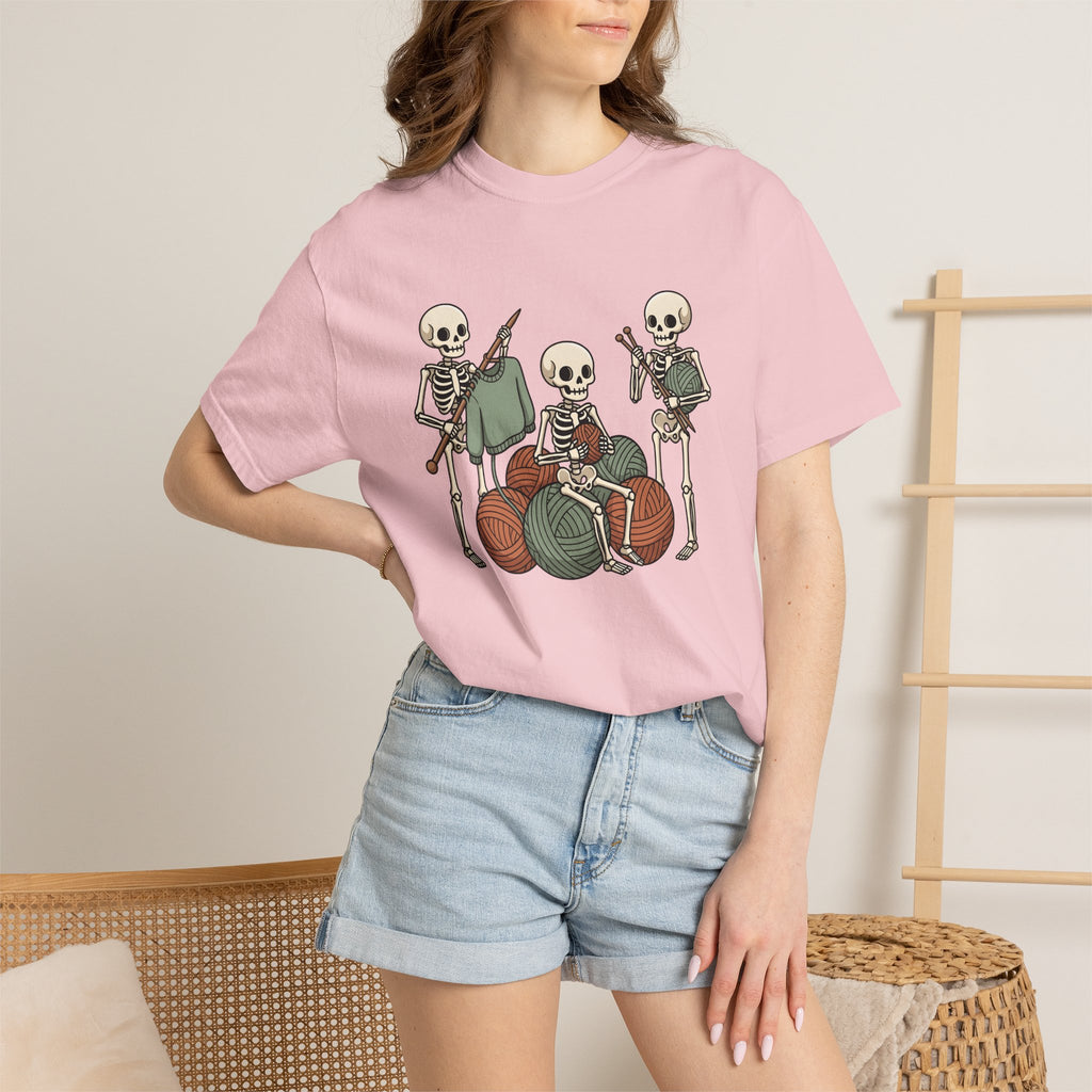 Skeleton Knitting Shirt Halloween Knitting Gift Women Cartoon Tee Bone Knitting T-Shirt Horror Fan Cartoonish Tshirt Knitting Design Hand