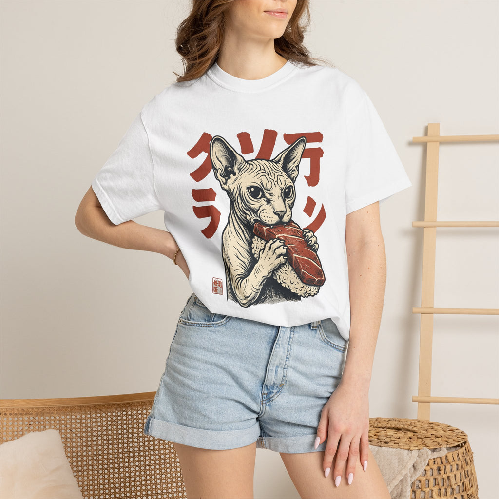 Sphynx Cat Sushi Shirt Cat Food Gift Women Tattoo Art Tee Hairless Cat T-Shirt Cat Fan Tattooed Tshirt Foodie Graphic Vintage Sushi Tshirt