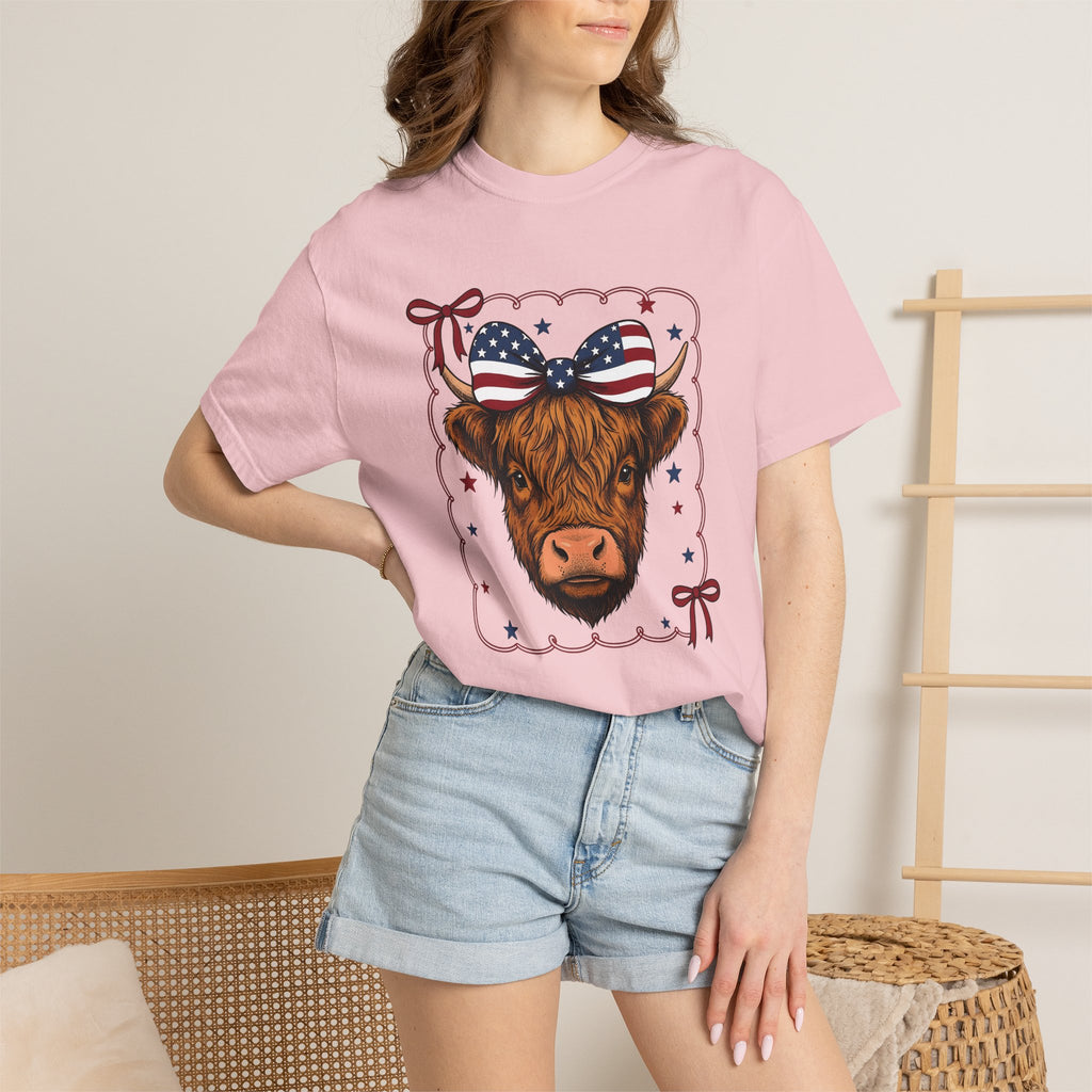 Scottish Cow Shirt America Agriculture Gift Women Retro Tee Highland Cow T-Shirt American Fan Vintage Tshirt Farming Graphic Sketch Flag Bow