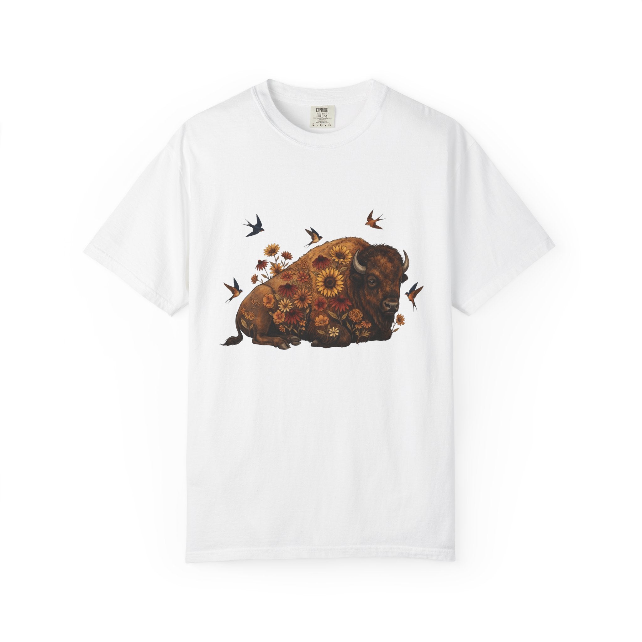 Bison Blossom Shirt Animals Wildlife Gift Women Folk Tee Buffalo T-Shirt Creature Fan Folk Art Tshirt Wildlife Graphic Throwback Swallow