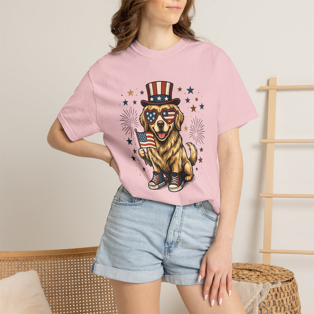 Golden Retriever Shirt Dog Nationalism Gift Women Comic Tee Retriever T-Shirt Dog Fan Cartoon Tshirt Patriotic Graphic Old School Stars And