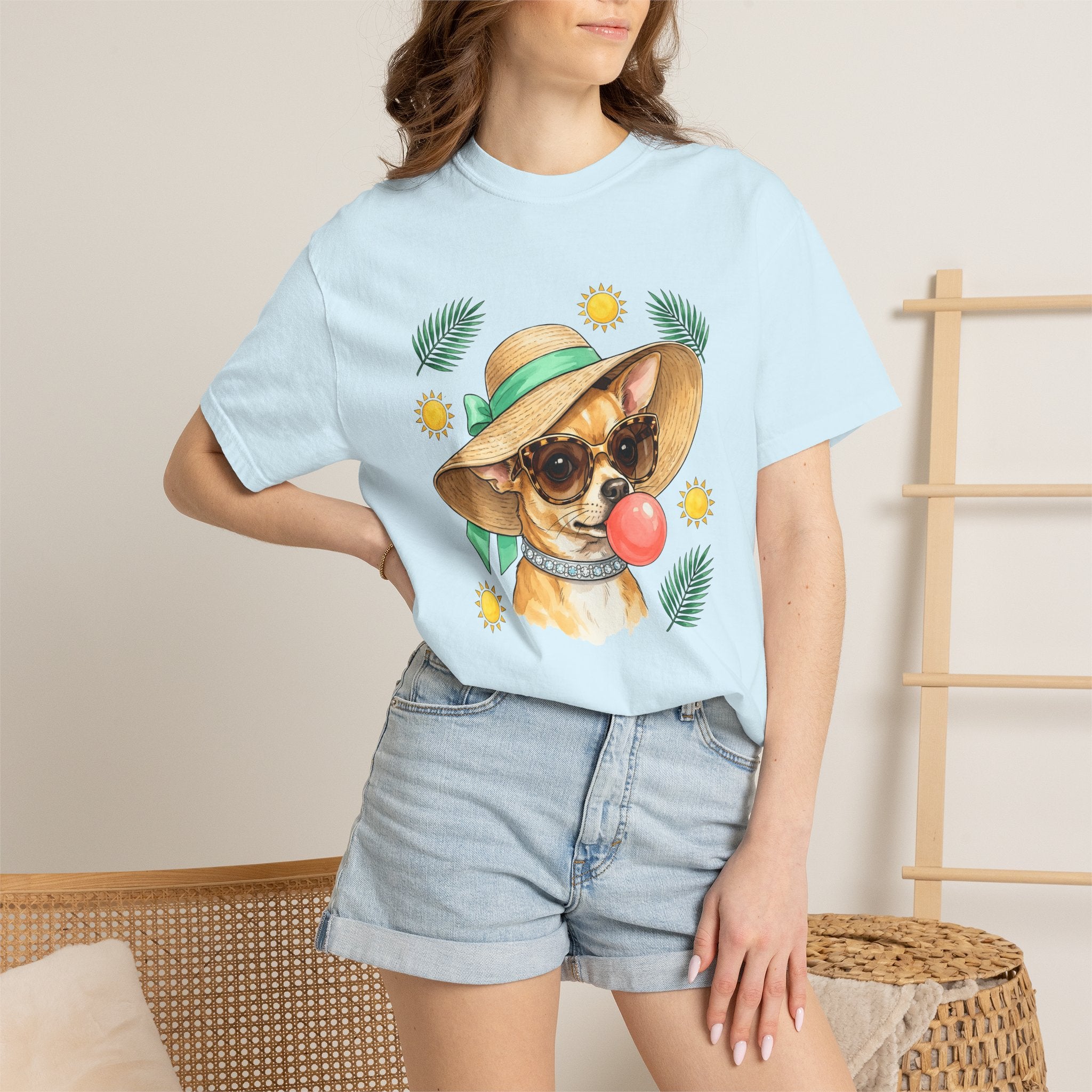 Chihuahua Pet Shirt Dog Holiday Gift Women Pastel Tee Puppy T-Shirt Dog Fan Pup Tshirt Vacation Graphic Line Art Sun Rays Tshirt