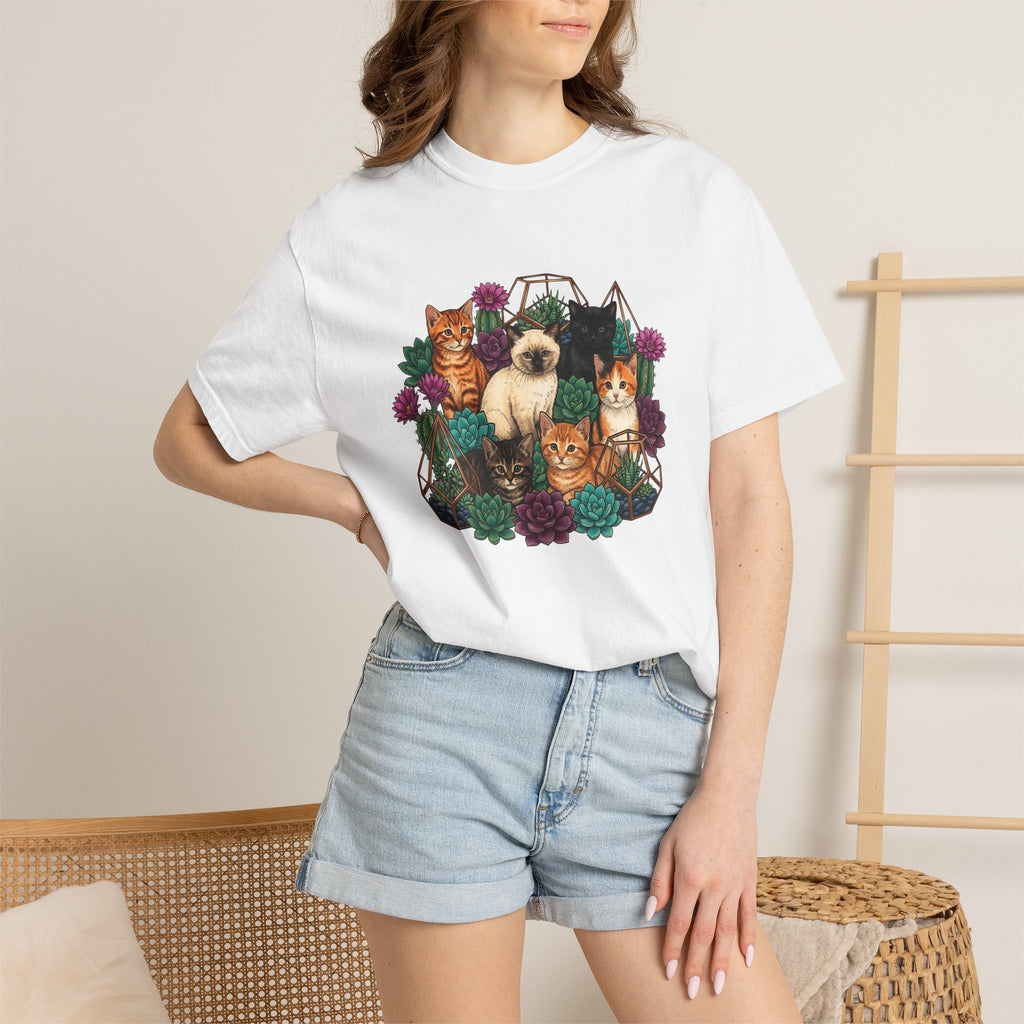 Cats Cluster Shirt Cat Bouquet Gift Women Leafy Tee Kittens T-Shirt Cat Fan Foliage Tshirt Floral Graphic Antique Aloe Tshirt