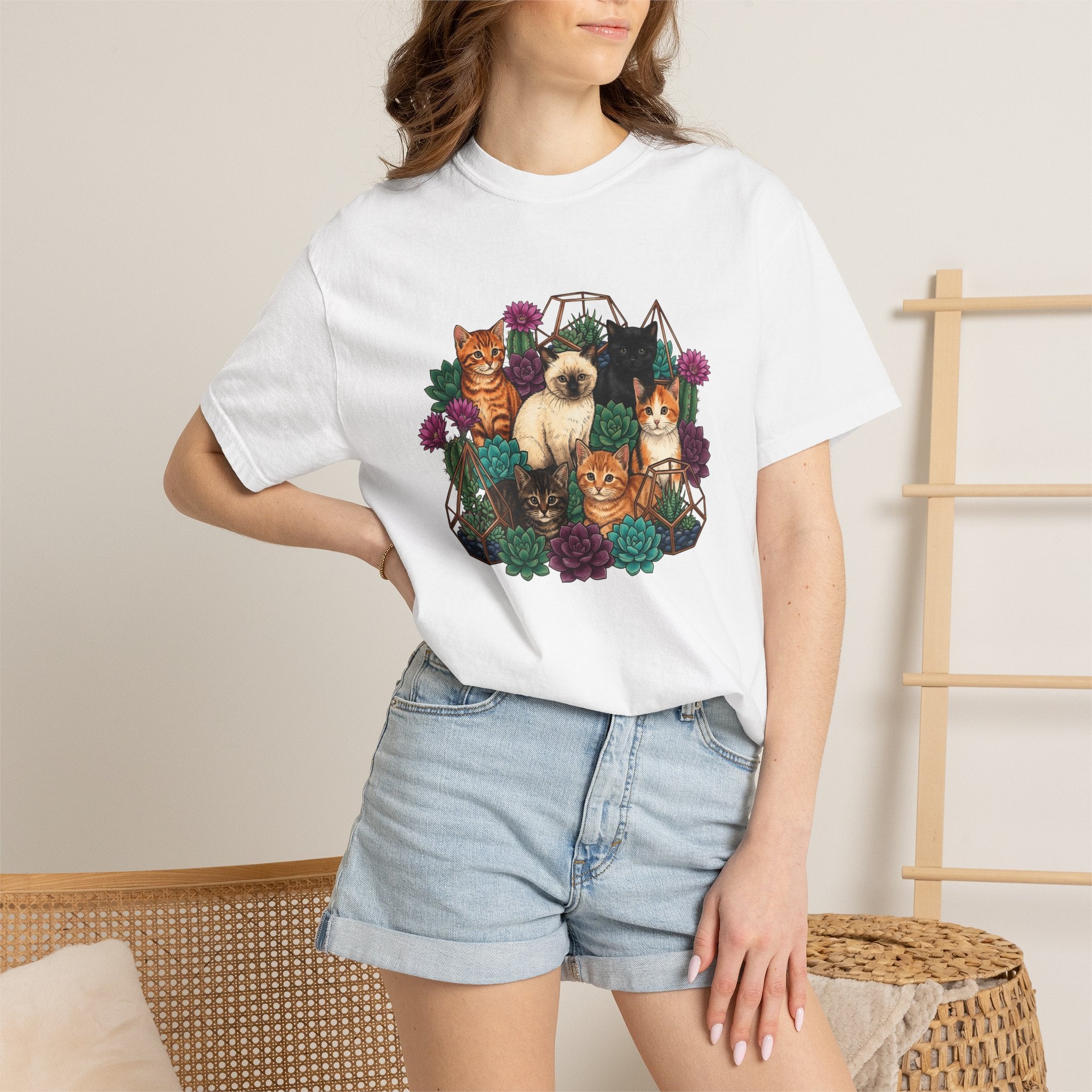 Cats Cluster Shirt Cat Bouquet Gift Women Leafy Tee Kittens T-Shirt Cat Fan Foliage Tshirt Floral Graphic Antique Aloe Tshirt