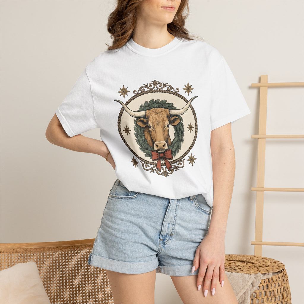 Longhorn Bull Shirt Christmas Rodeo Gift Women Line Art Tee Bull T-Shirt Xmas Fan Rodeo Graphic Tshirt Cartoon Crown Tshirt