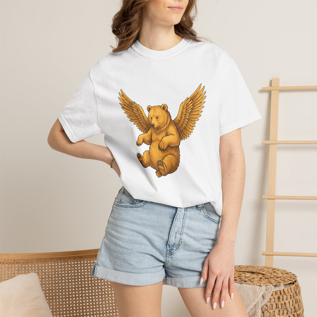 Angel Bear Shirt Animals Mythical Gift Women Line Art Tee Teddy Bear T-Shirt Creature Fan Fantasy Tshirt Mythical Graphic Rustic Quill