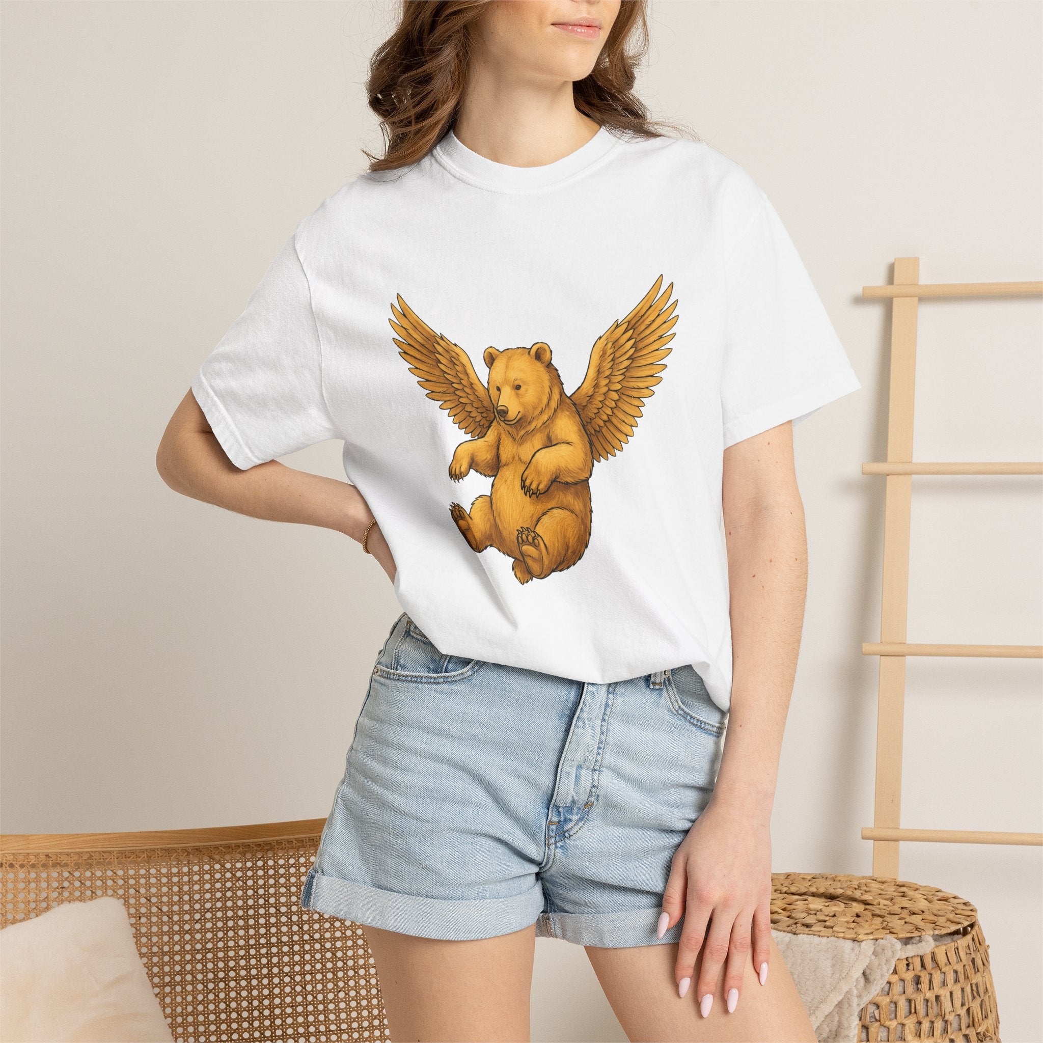 Angel Bear Shirt Animals Mythical Gift Women Line Art Tee Teddy Bear T-Shirt Creature Fan Fantasy Tshirt Mythical Graphic Rustic Quill