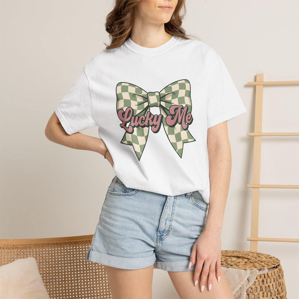 Tartan Bow Shirt St Patrick's Day Event Gift Women Line Art Tee Ribbon T-Shirt St Patricks Fan Drawing Design Illustrative Light Tones