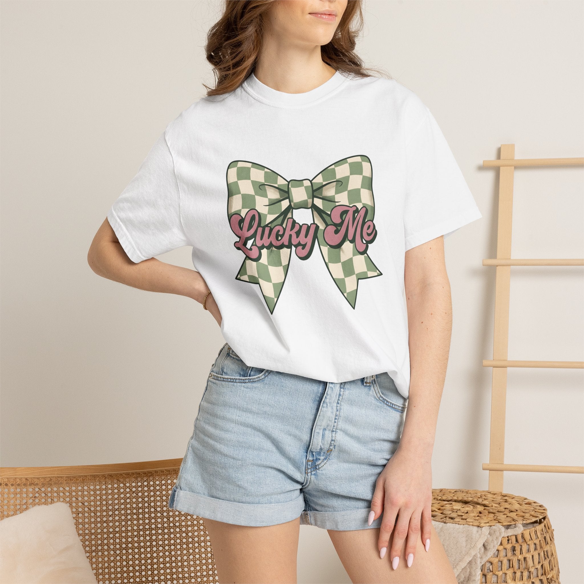 Tartan Bow Shirt St Patrick's Day Event Gift Women Line Art Tee Ribbon T-Shirt St Patricks Fan Drawing Design Illustrative Light Tones