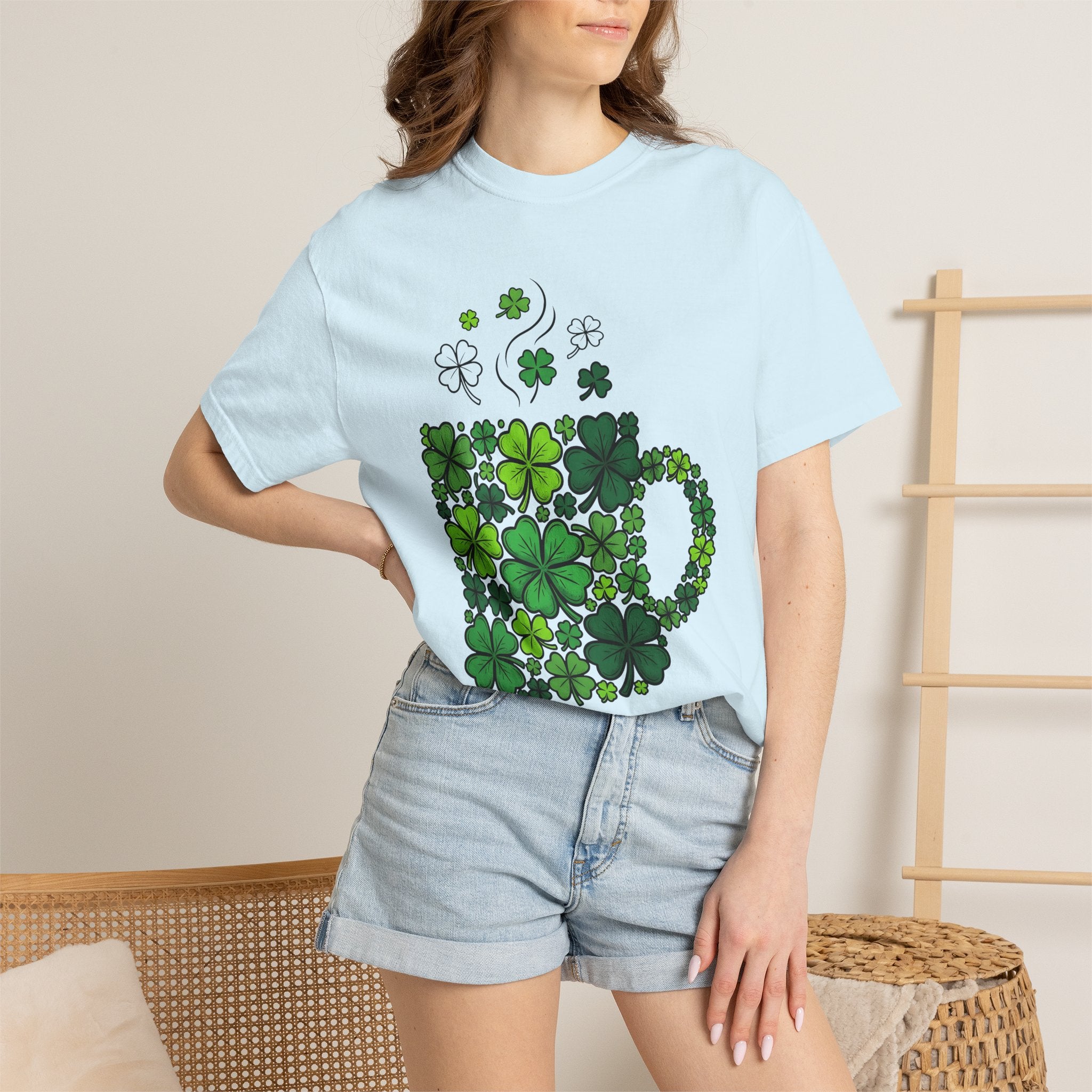 Clover Cup Shirt St. Patrick's Day Tea Gift Women Sketch Tee Mug T-Shirt Shamrock Fan Drawing Design Line Art Foliage Tshirt