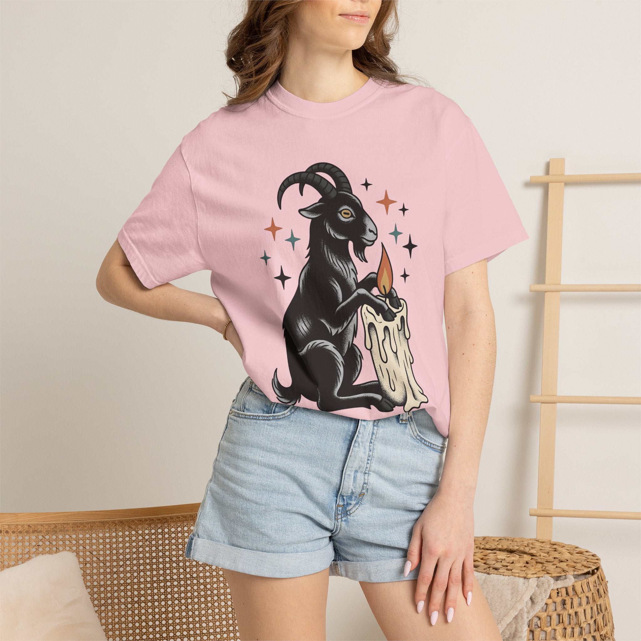 Goat Candle Shirt Boho Chic Gothic Gift Women Tattoo Tee Candle T-Shirt Bohemian Enthusiast Ink Tshirt Dark Graphic Vintage Stars Tshirt
