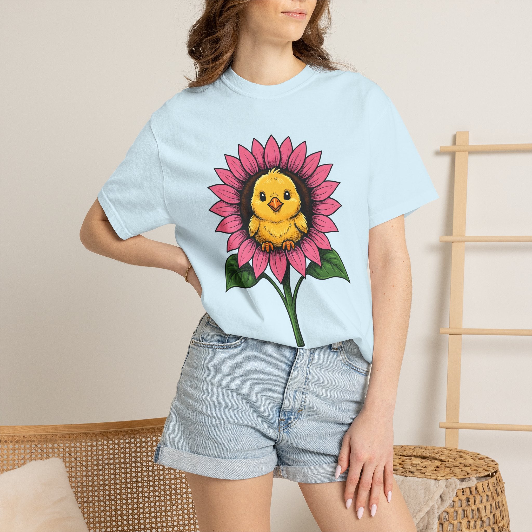 Baby Chick Sunflower Shirt Easter Flower Gift Women Adorable Tee Chick T-Shirt Spring Fan Cute Tshirt Floral Graphic Sketch Greenery Tshirt
