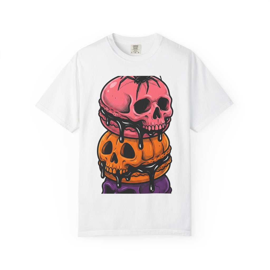 Skull Macarons Shirt Desserts Halloween Gift Women Bold Graphic Tee Macaron T-Shirt Pastry Fan Graphic Tshirt Spooky Graphic Retro Spider