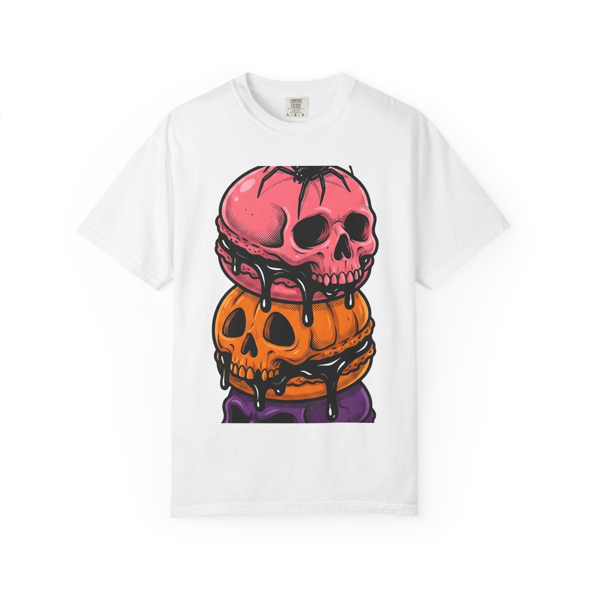 Skull Macarons Shirt Desserts Halloween Gift Women Bold Graphic Tee Macaron T-Shirt Pastry Fan Graphic Tshirt Spooky Graphic Retro Spider