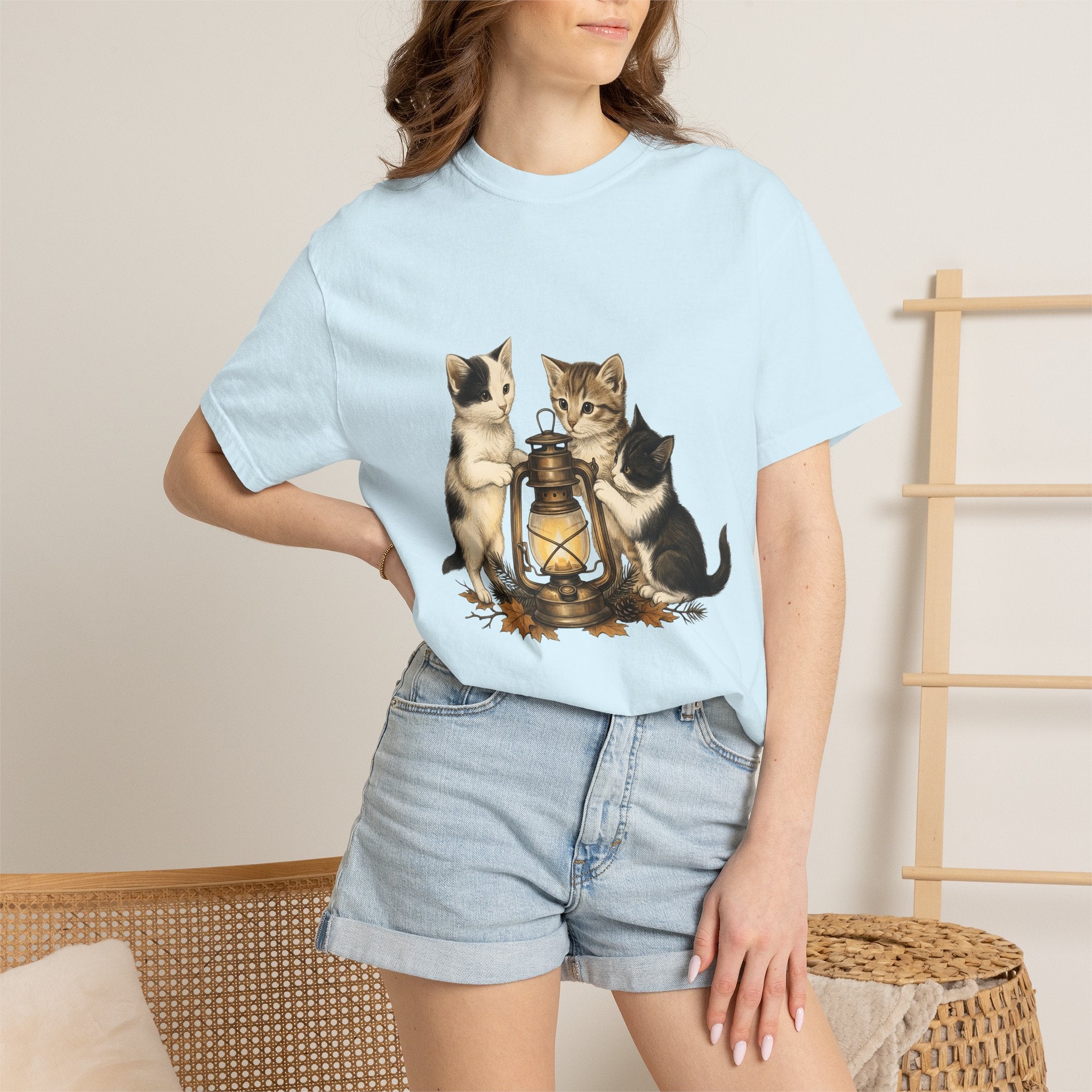 Feline Lantern Shirt Cat Environment Gift Women Naturalistic Tee Cat Lantern T-Shirt Cat Fan Eco Graphic Tshirt Shabby Chic Orange Leaves
