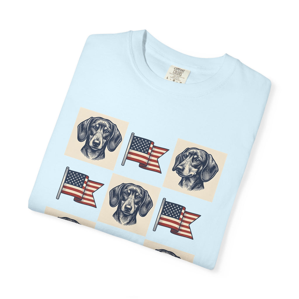 Dachshund Dog Shirt Dog Patriotic Gift Women Vintage Tee Wiener Dog T-Shirt Dog Fan Doodle Tshirt Star Spangled Graphic Retro American Flag