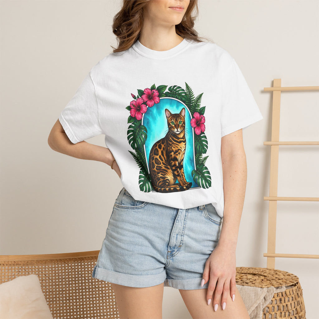 Bengal Cat Shirt Cat Floral Gift Women Botanical Tee Cat T-Shirt Cat Fan Foliage Graphic Tshirt Vintage Hibiscus Flowers Tshirt