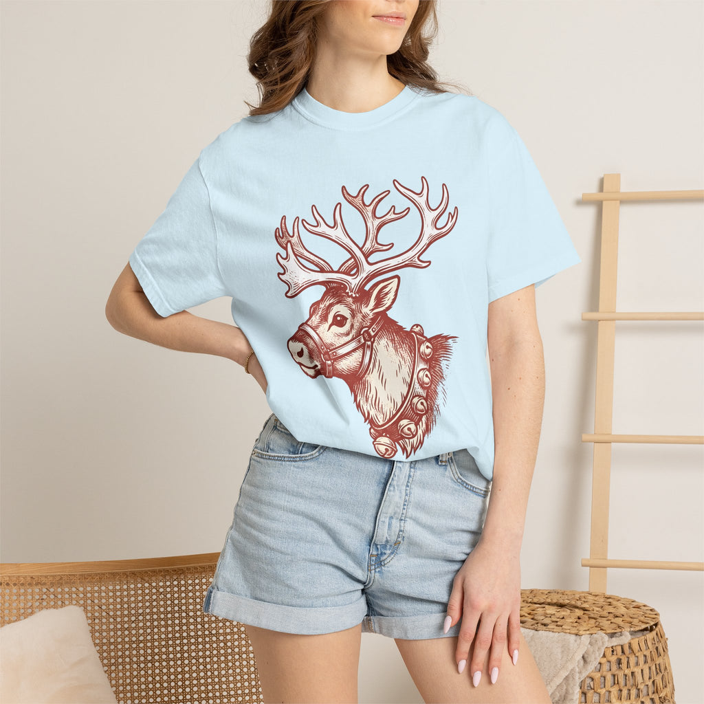 Deer Shirt Christmas Wildlife Gift Women Retro Tee Fawn T-Shirt Xmas Fan Holiday Tshirt Animal Graphic Sketch Bells Tshirt