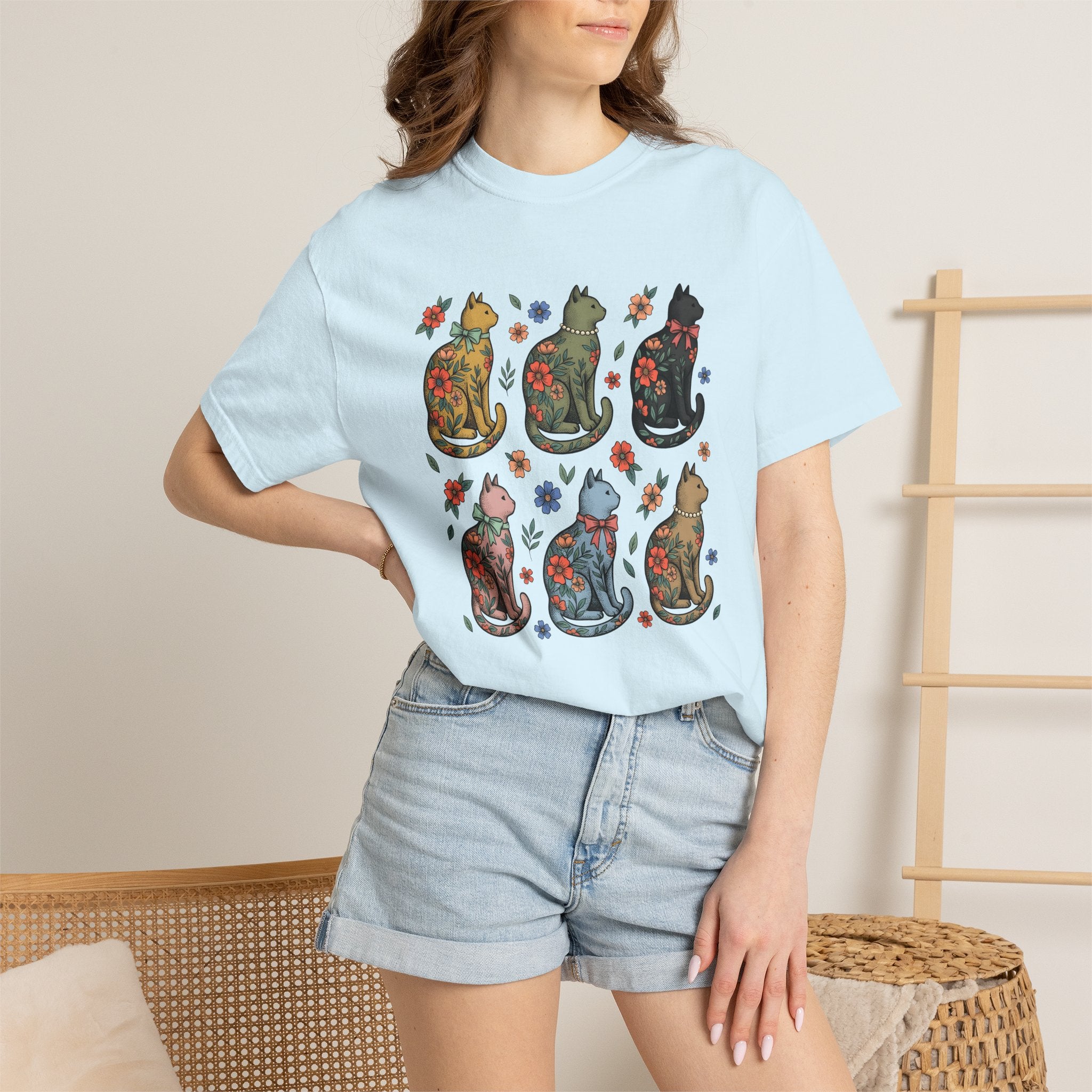 Flower Cat Shirt Animals Plants Gift Women Hippie Tee Kitty Cat T-Shirt Pet Fan Feline Tshirt Floral Graphic Classic Ribbon Tshirt