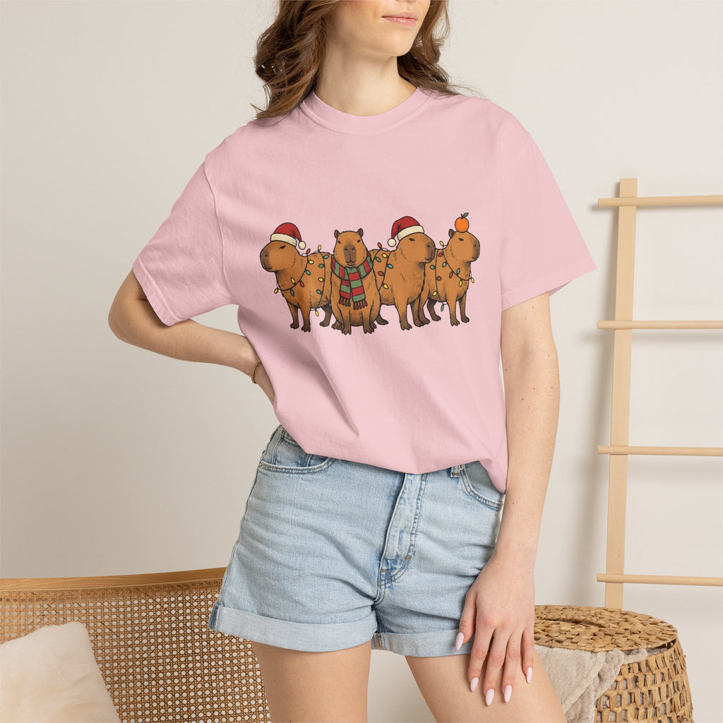 Capybara Herd Shirt Christmas Creatures Gift Women Illustration Tee Rodent T-Shirt Xmas Fan Drawing Graphic Line Art Led Lights Tshirt