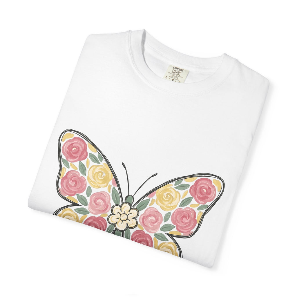 Flower Butterfly Shirt Easter Outdoors Gift Women Rustic Tee Butterfly T-Shirt Spring Fan Vintage Tshirt Camping Graphic Doodle Red Rose