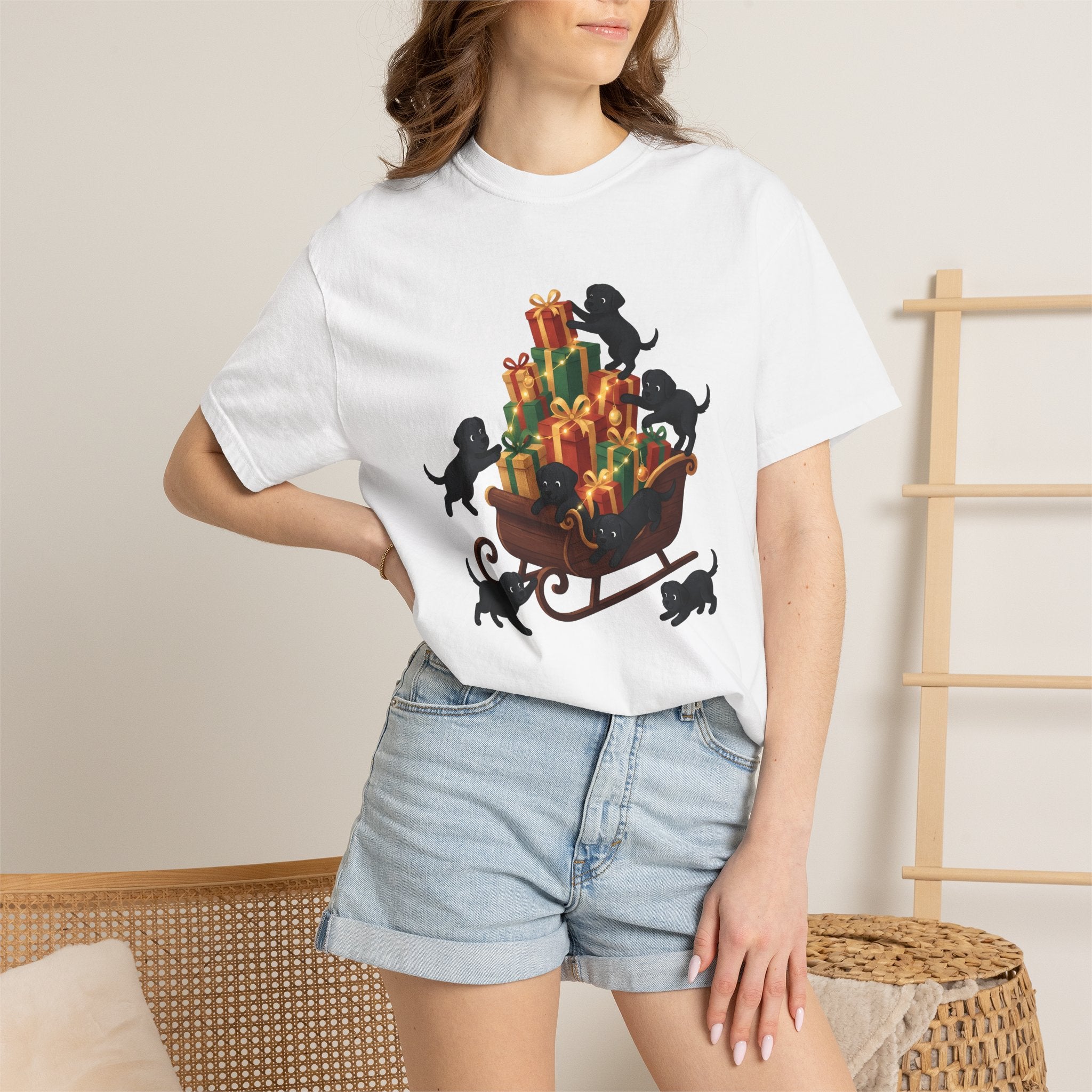 Black Lab Pups Shirt Christmas Animal Gift Women Sweet Tee Labrador T-Shirt Xmas Fan Cute Tshirt Creature Graphic Magical Gift Packages