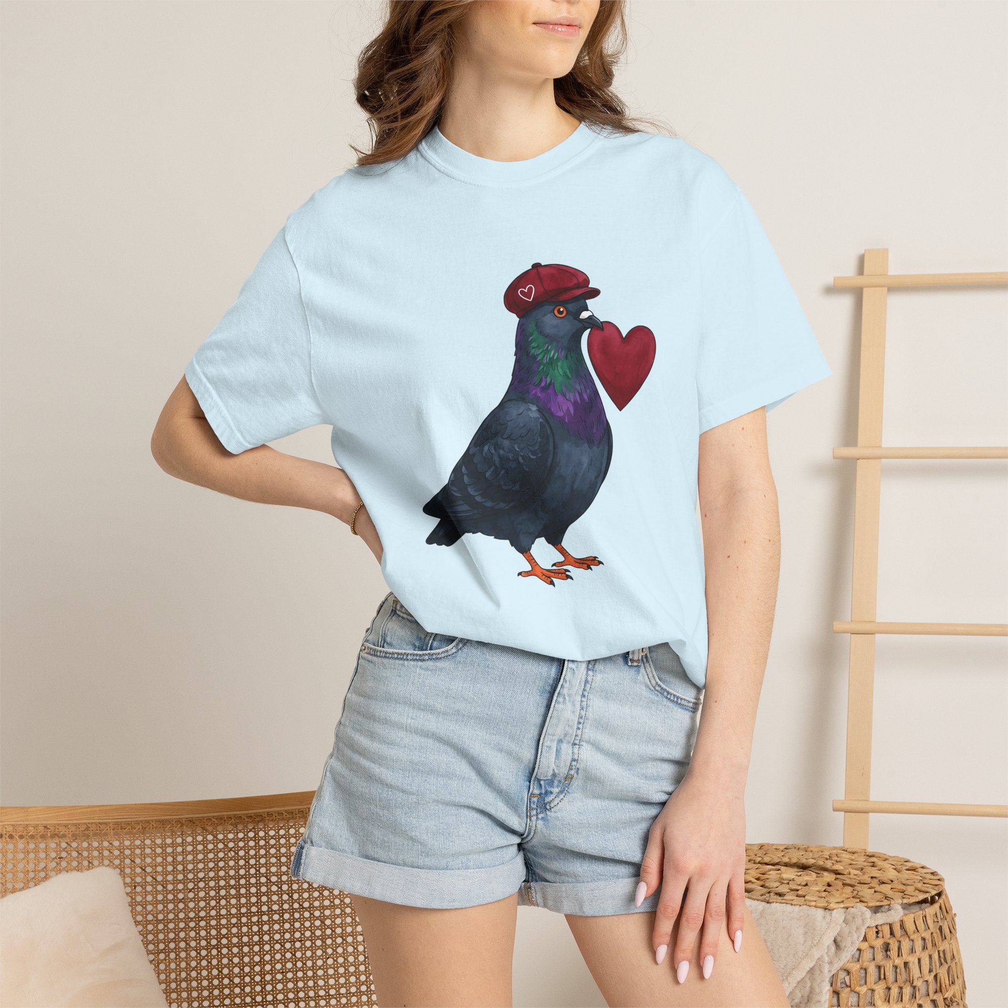 Pigeon Heart Shirt St. Valentines Day Love Gift Women Cartoon Tee Dove T-Shirt Valentine Fan Comic Tshirt Romance Graphic Watercolor Cap