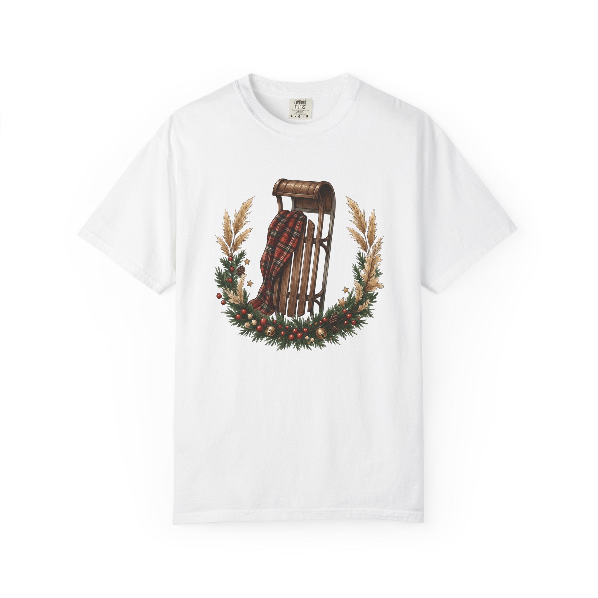 Vintage Sled Shirt Christmas Winter Gift Women Cozy Tee Toboggan T-Shirt Xmas Fan Holiday Tshirt Frosty Graphic Hand Drawn Pine Wreath