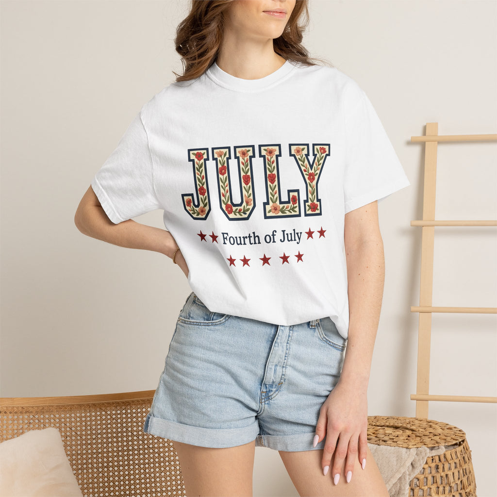 Floral Letters Shirt 4th Of July Patriotic Gift Women Embroidered Tee Alphabet T-Shirt Independence Fan Handmade Tshirt American Graphic