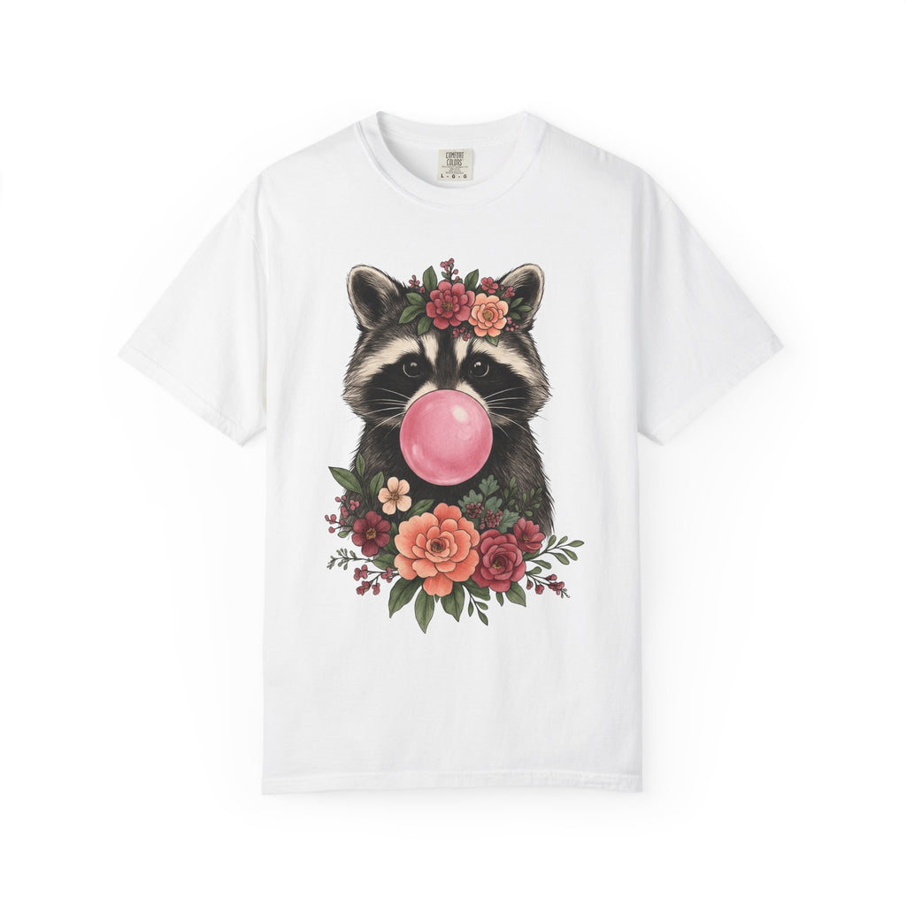 Raccoon Blossoms Shirt Animals Garden Gift Women Rustic Tee Raccoon T-Shirt Wildlife Fan Country Tshirt Gardening Graphic Doodle Chewing Gum