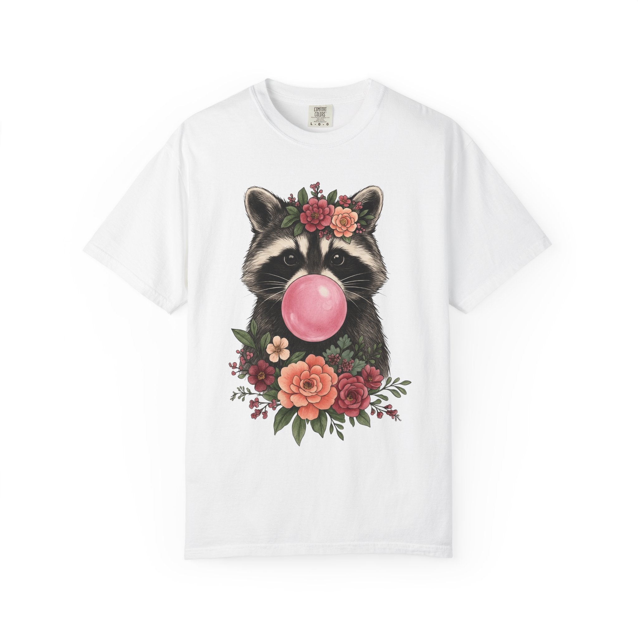 Raccoon Blossoms Shirt Animals Garden Gift Women Rustic Tee Raccoon T-Shirt Wildlife Fan Country Tshirt Gardening Graphic Doodle Chewing Gum