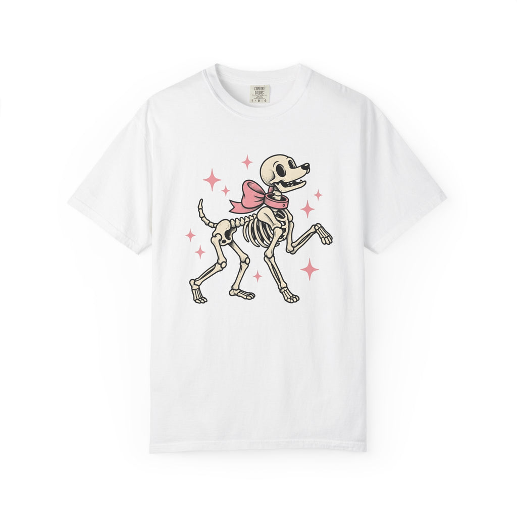 Dog Skeleton Shirt Halloween Dog Gift Women Cartoon Tee Skeleton T-Shirt Spooky Fan Spooky Graphic Halloween Design Retro Bow Tshirt