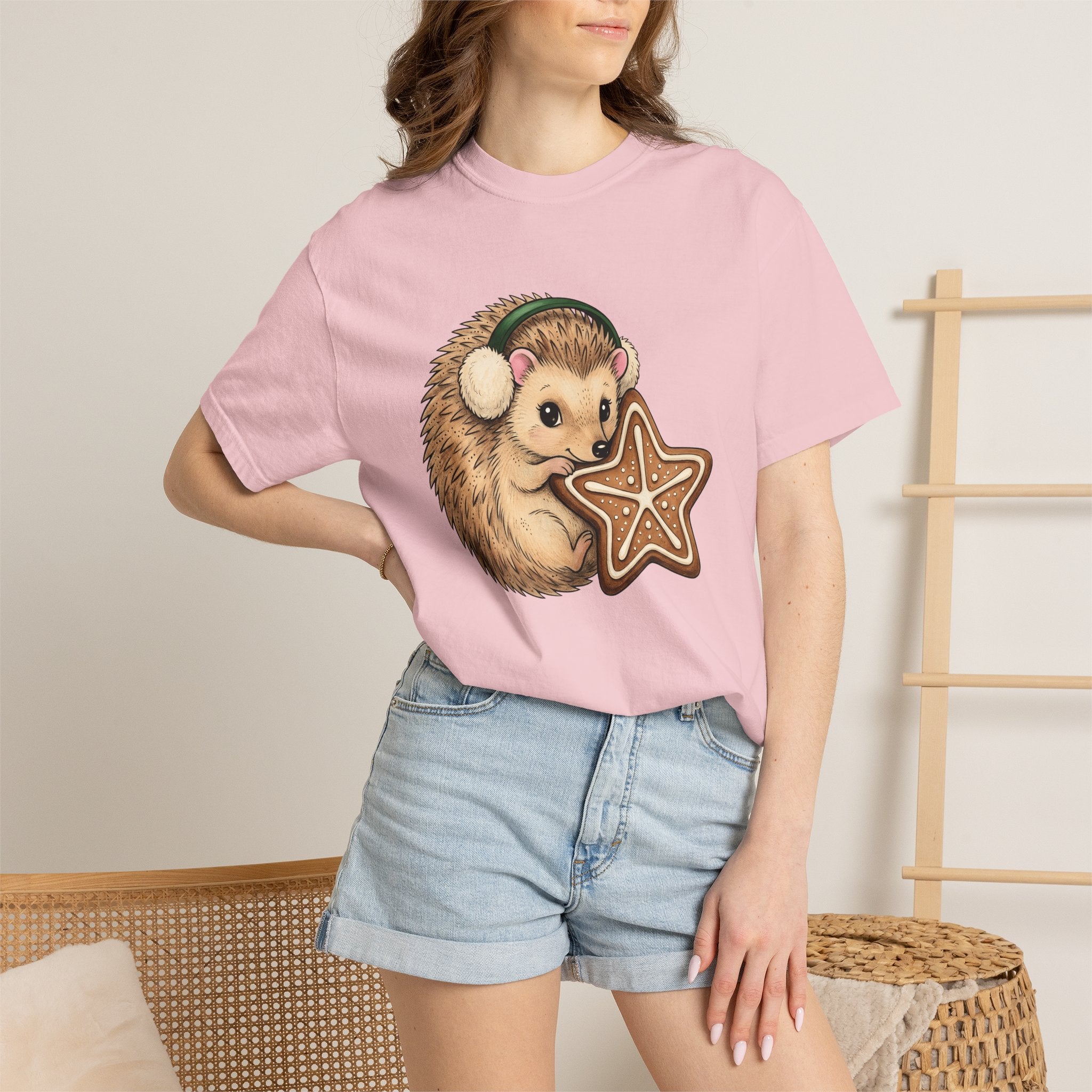 Hedgehog Cookie Shirt Animals Holiday Gift Women Cute Tee Cookie T-Shirt Animal Fan Adorable Tshirt Christmas Graphic Hand Drawn Earmuffs