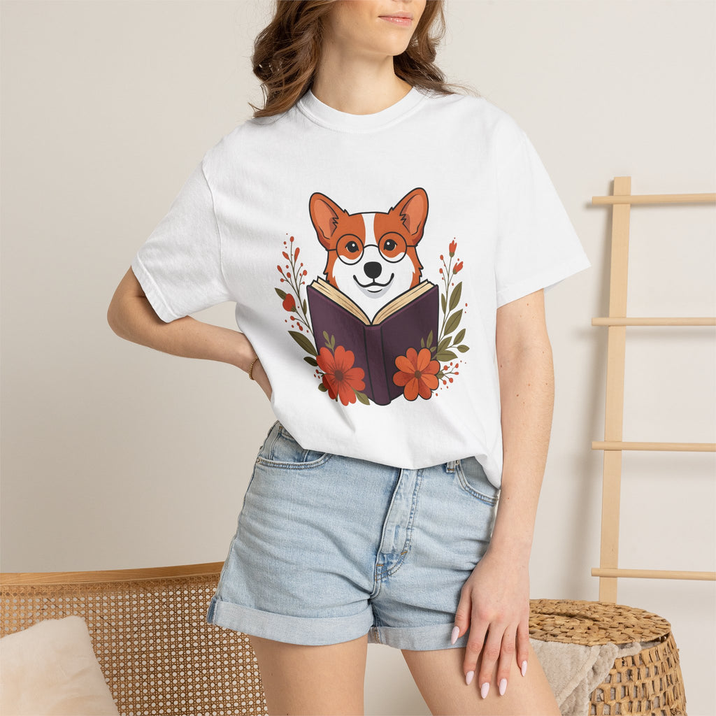 Corgi Pet Book Shirt Dog Literature Gift Women Illustration Tee Bookworm T-Shirt Dog Fan Artistic Tshirt Bibliophile Graphic Doodle Blossoms
