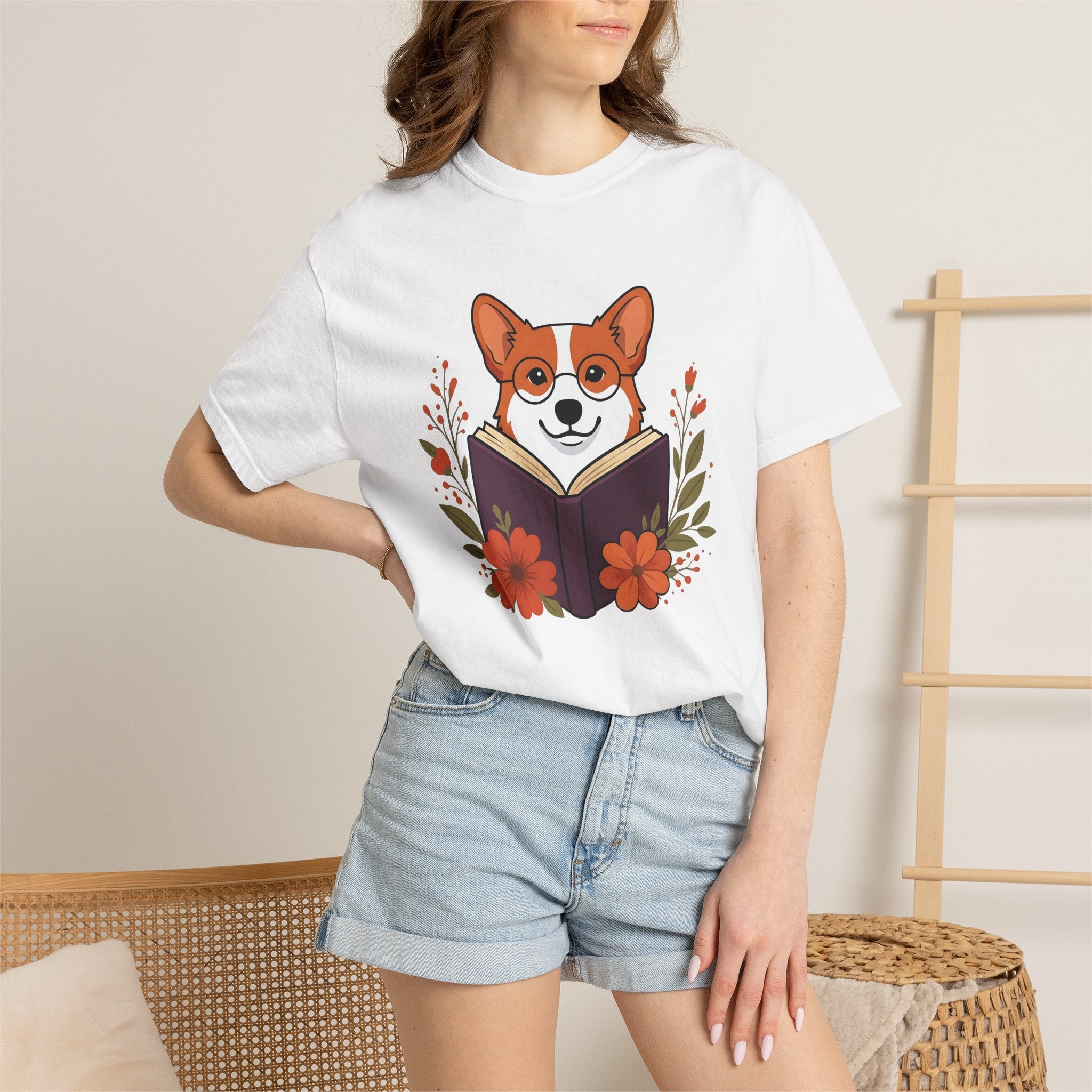 Corgi Pet Book Shirt Dog Literature Gift Women Illustration Tee Bookworm T-Shirt Dog Fan Artistic Tshirt Bibliophile Graphic Doodle Blossoms