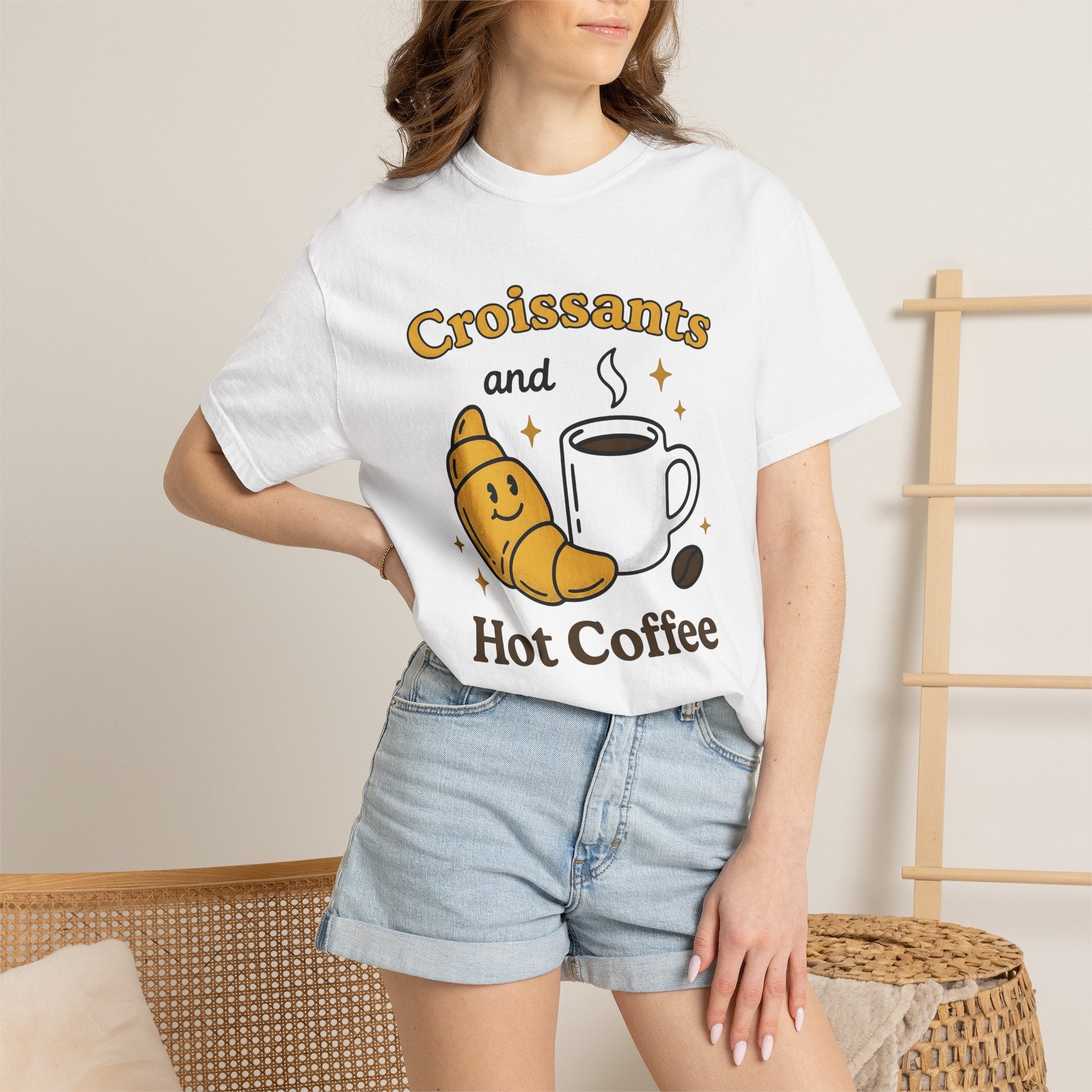 Croissant Espresso Cup Shirt Coffee Morning Meal Gift Women Hand Drawn Tee Coffee Mug T-Shirt Coffee Fan Java Graphic Tshirt Breakfast