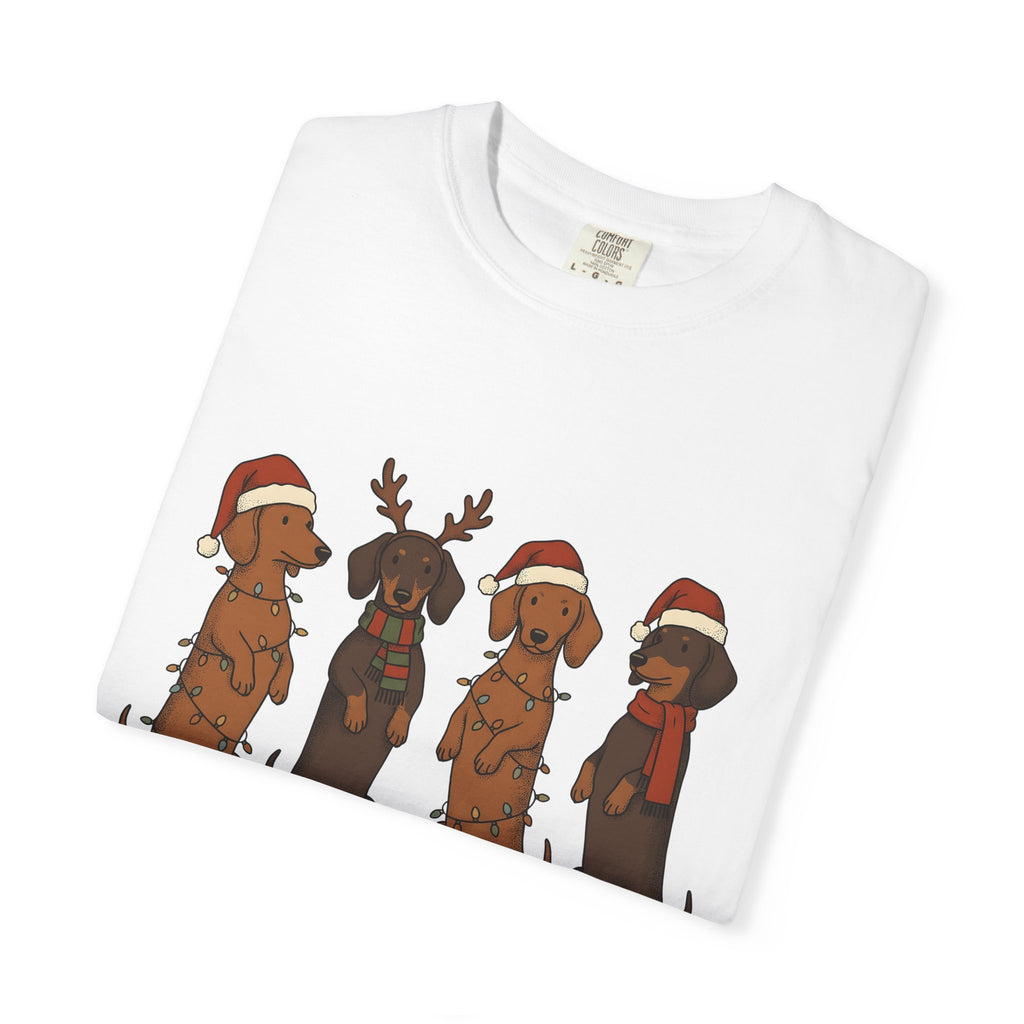 Dachshund Pups Shirt Christmas Animal Gift Women Anime Tee Wiener Dog T-Shirt Xmas Fan Cartoon Tshirt Creature Graphic Doodle Festive Hats