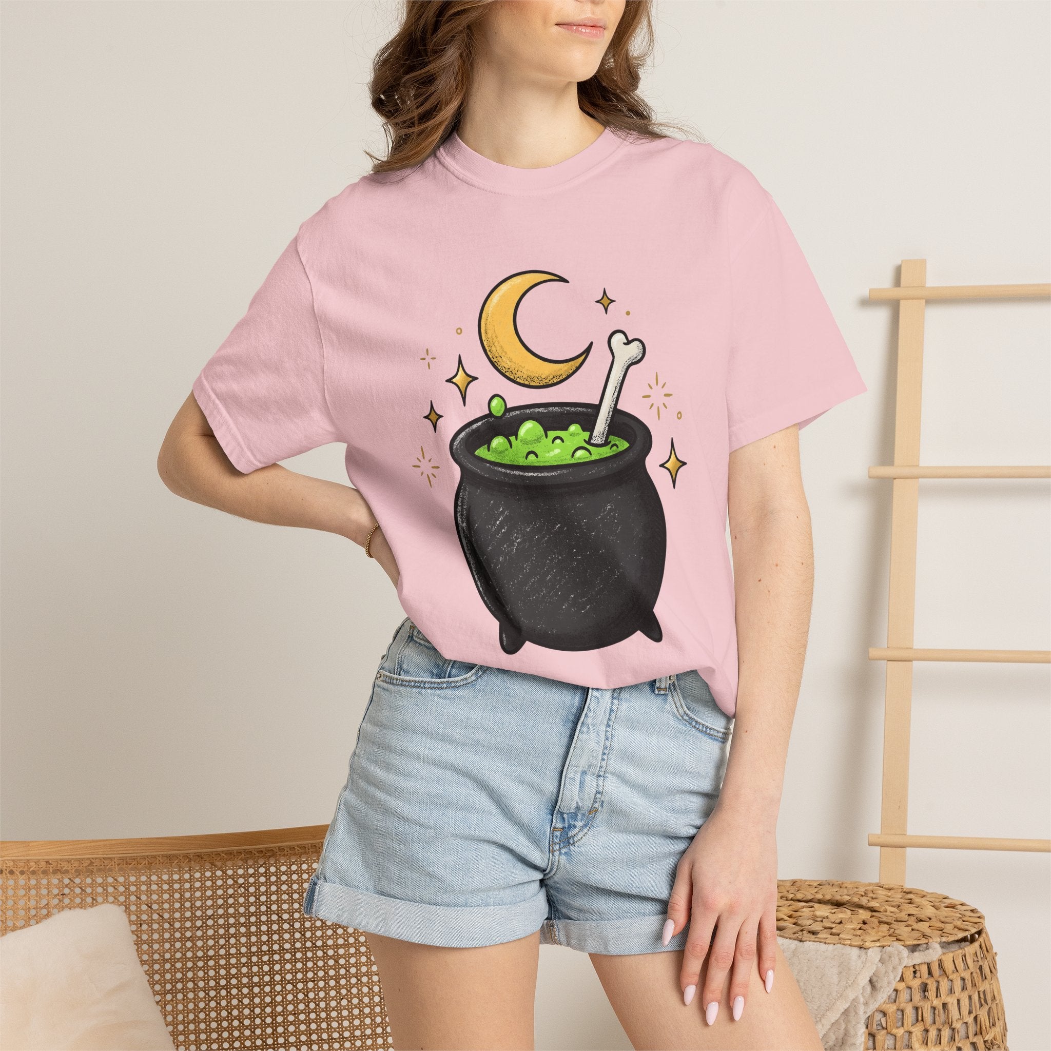 Magic Cauldron Shirt Halloween Sorcery Gift Women Animated Tee Cauldron T-Shirt Spooky Fan Cartoon Tshirt Witchcraft Graphic Doodle Lunar